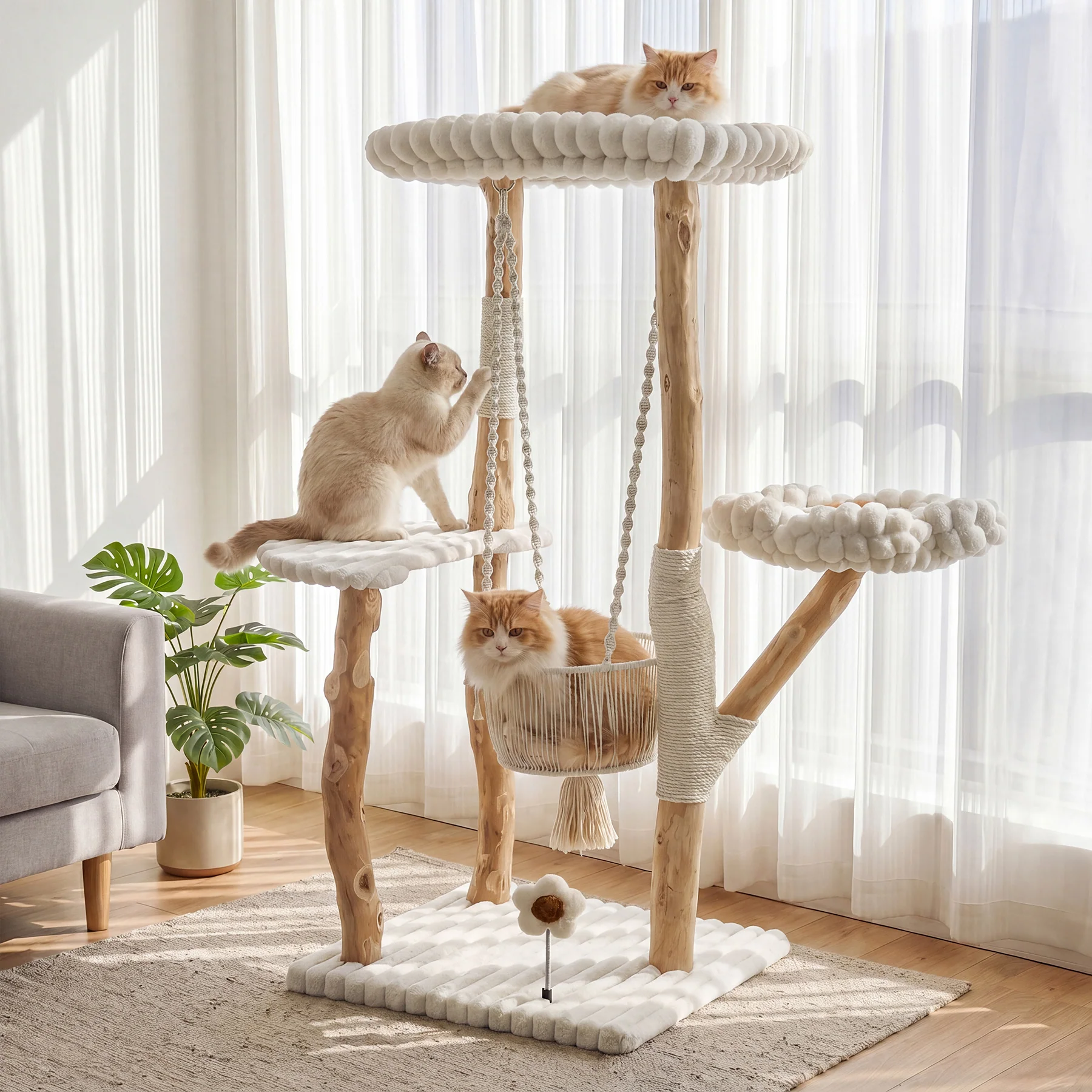 51" Solid Wood Cat Tree with Scratching Posts, Cat Tower with Swinging Basket, Washable Cushion, Dangling Toy - Image 3