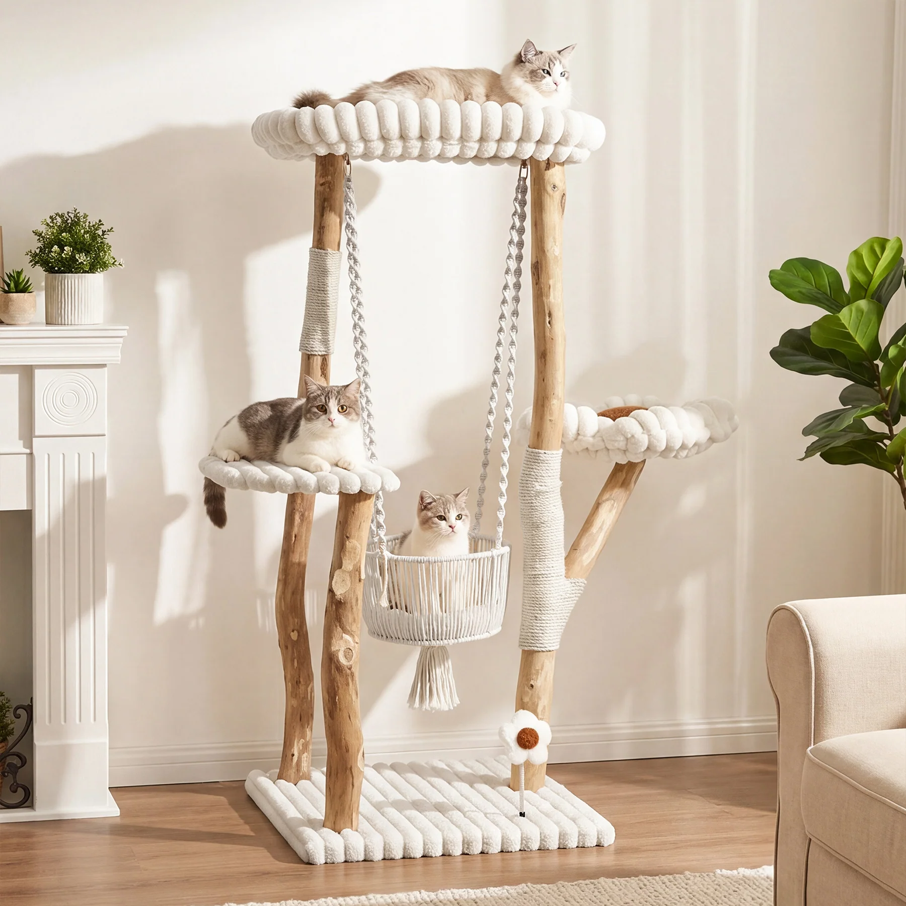 51" Solid Wood Cat Tree with Scratching Posts, Cat Tower with Swinging Basket, Washable Cushion, Dangling Toy - Image 4