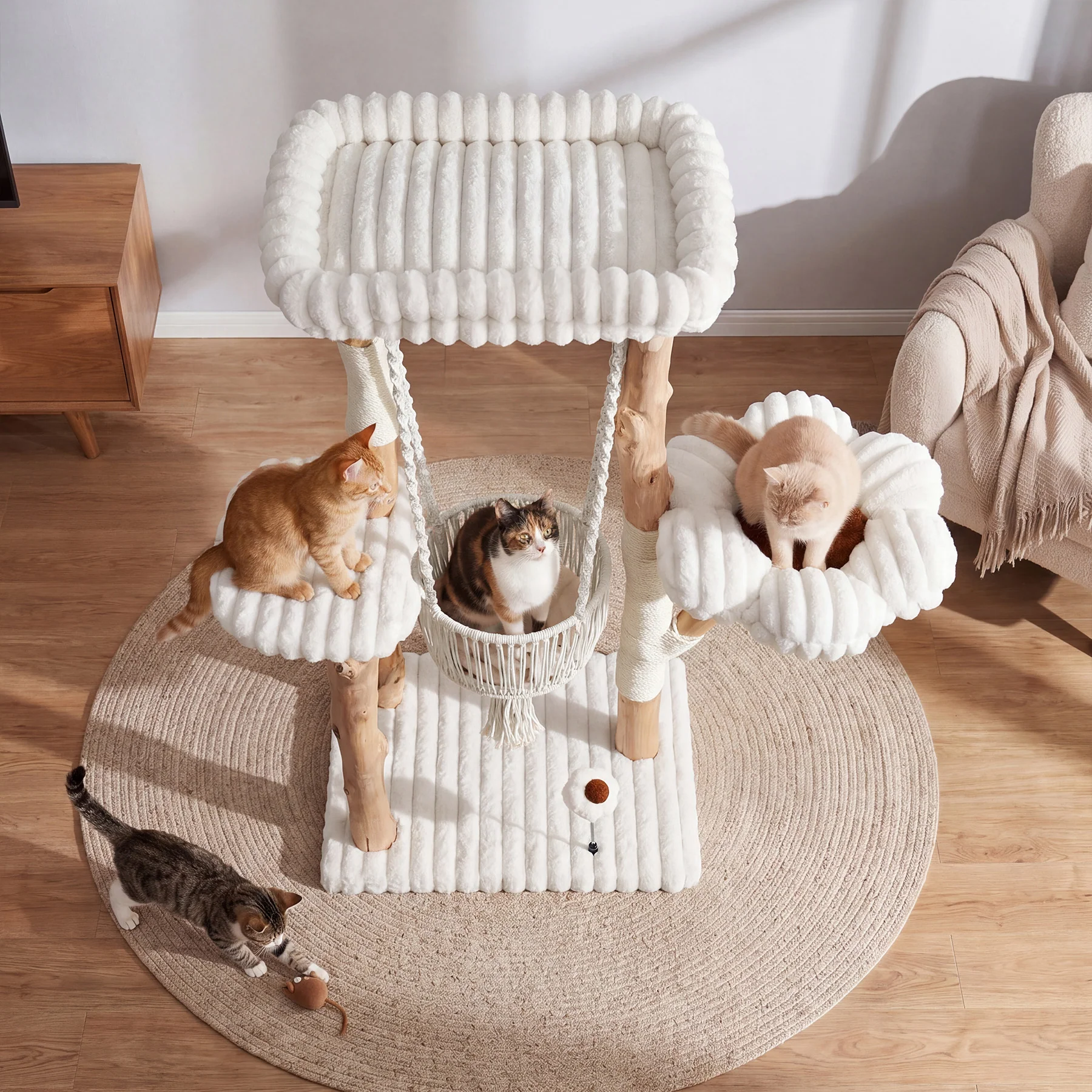 51" Solid Wood Cat Tree with Scratching Posts, Cat Tower with Swinging Basket, Washable Cushion, Dangling Toy - Image 5