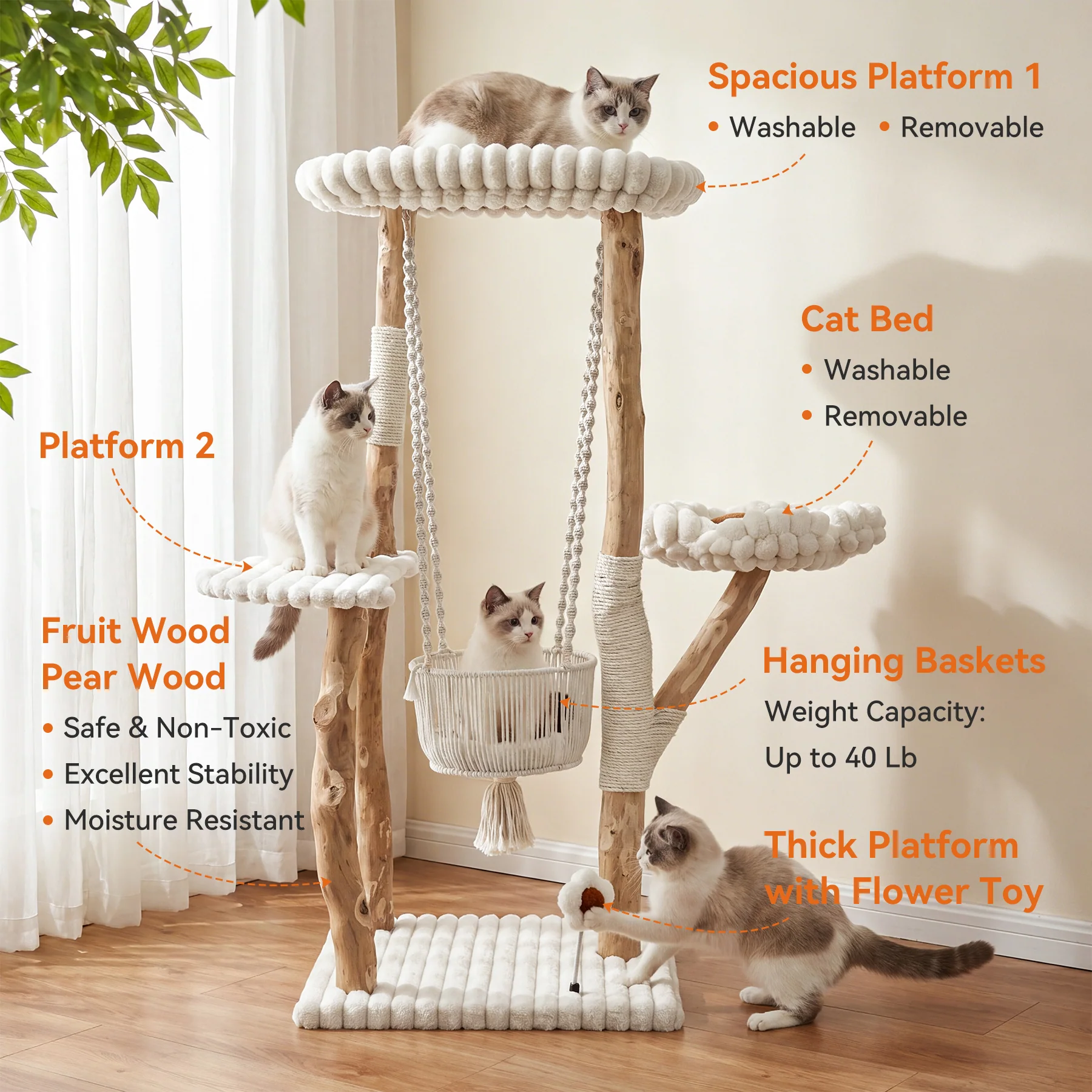 51" Solid Wood Cat Tree with Scratching Posts, Cat Tower with Swinging Basket, Washable Cushion, Dangling Toy - Image 6