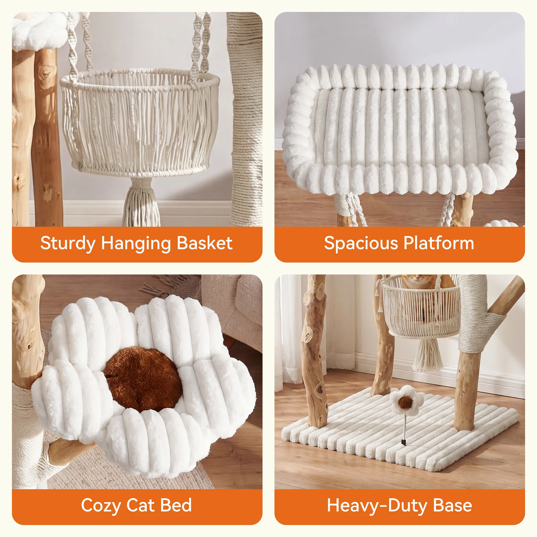51" Solid Wood Cat Tree with Scratching Posts, Cat Tower with Swinging Basket, Washable Cushion, Dangling Toy - Image 7