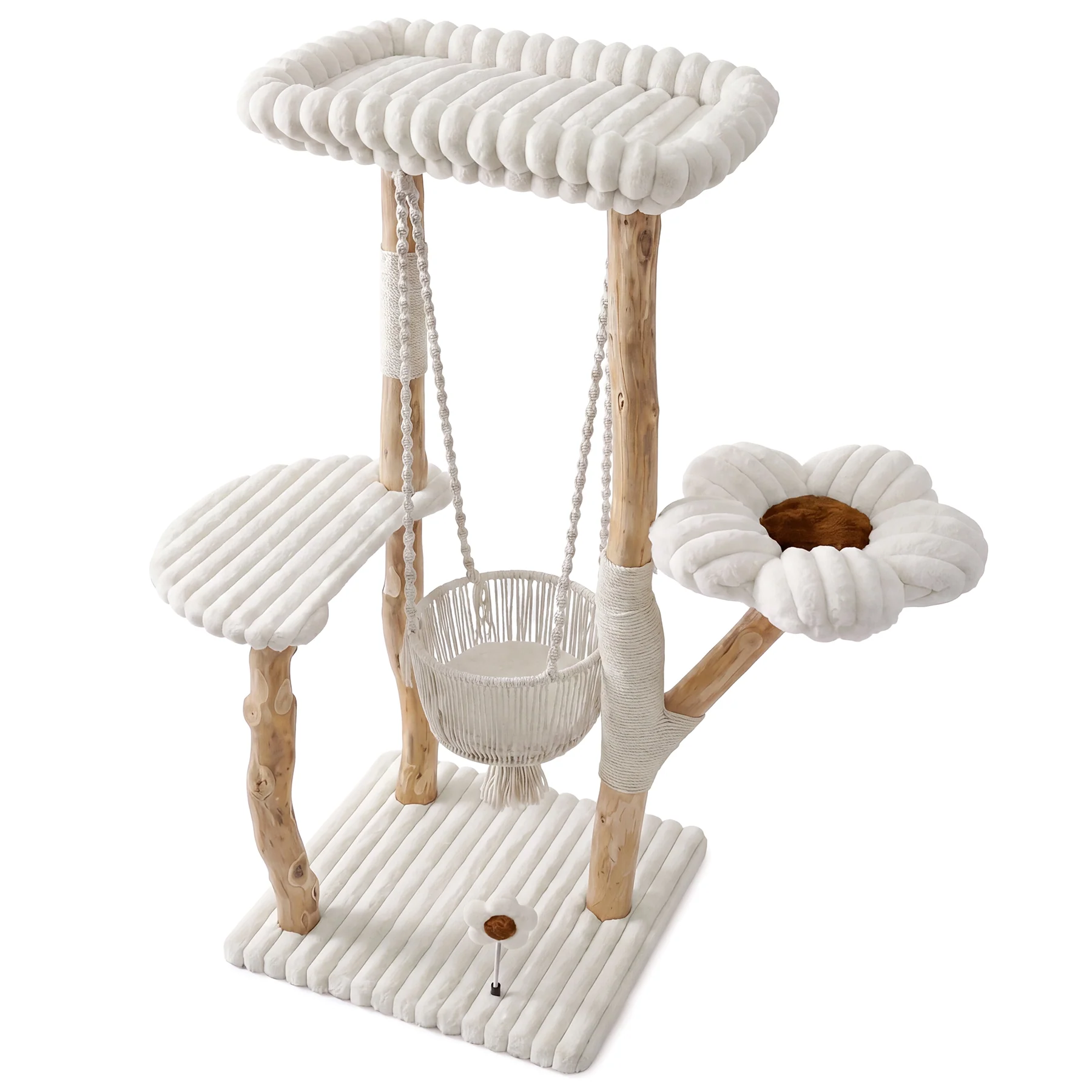 51" Solid Wood Cat Tree with Scratching Posts, Cat Tower with Swinging Basket, Washable Cushion, Dangling Toy - Image 8