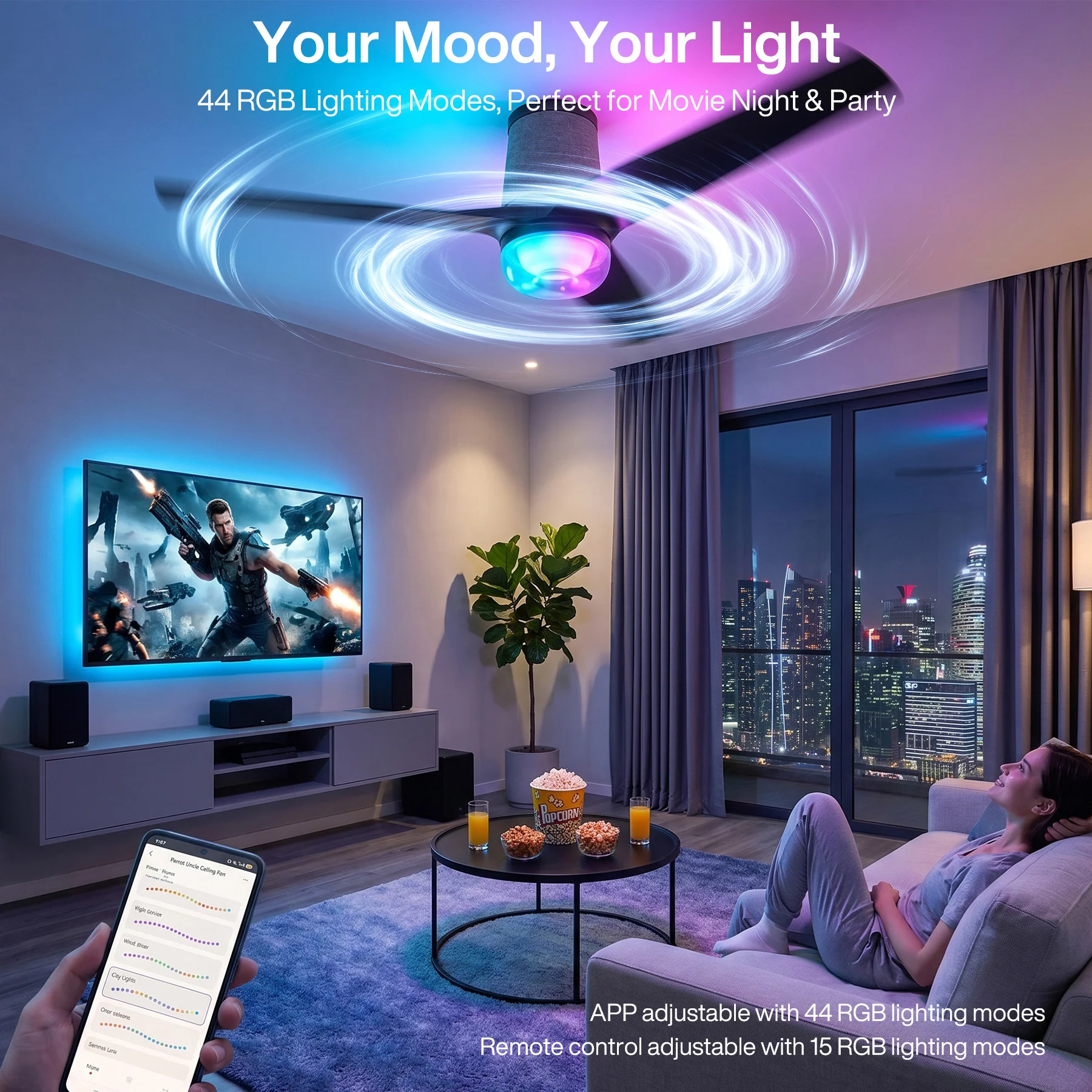 52" Ceiling Fan with RGB Light - 44 Dynamic Colors via App, Stepless Dimming 3CCT - Image 3