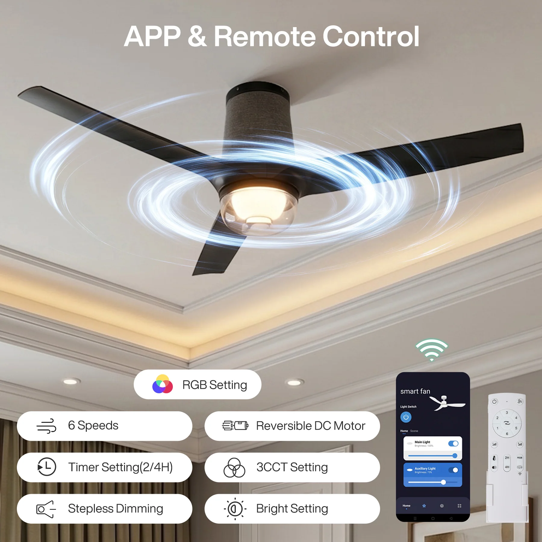 52" Ceiling Fan with RGB Light - 44 Dynamic Colors via App, Stepless Dimming 3CCT - Image 7