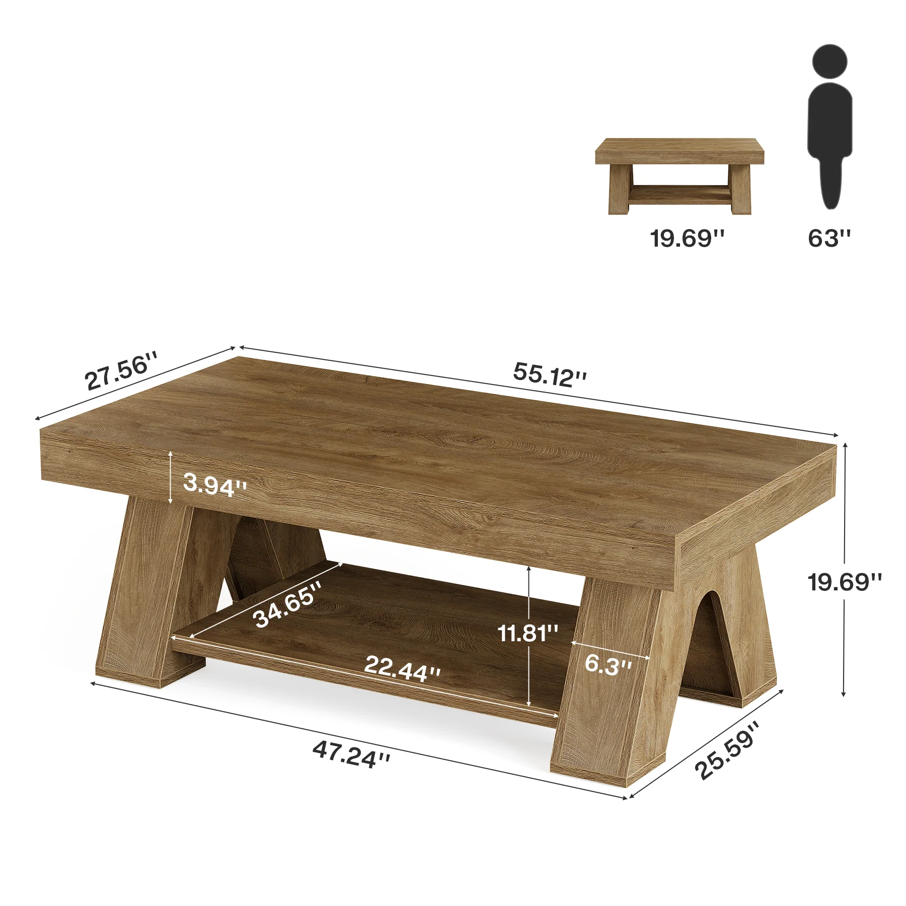 Tribesigns 55.1-Inch Farmhouse Coffee Table with Storage Shelf, Large Rectangle Center Table for Living Room - Image 2