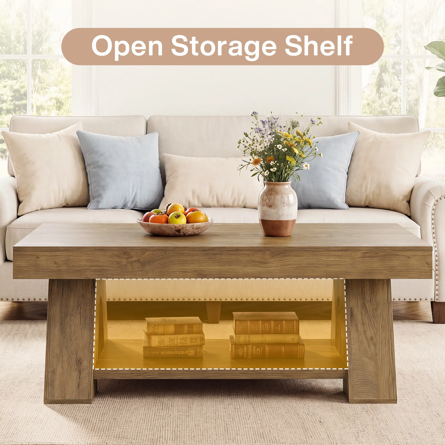 Tribesigns 55.1-Inch Farmhouse Coffee Table with Storage Shelf, Large Rectangle Center Table for Living Room - Image 3