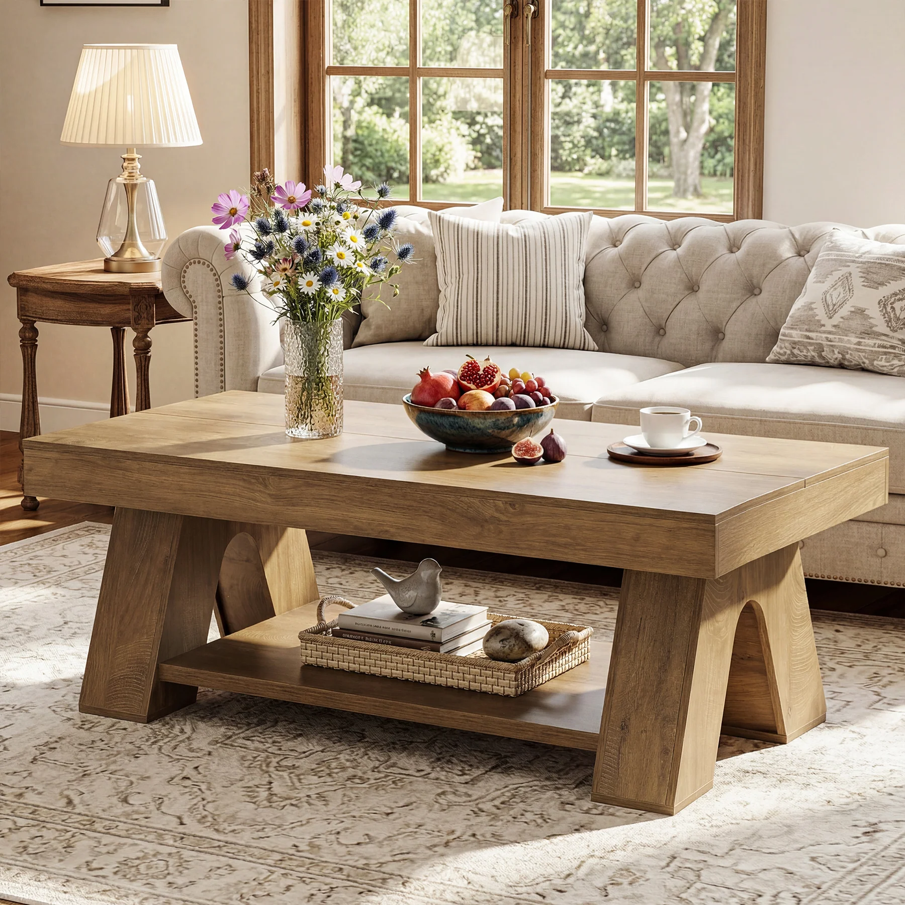 Tribesigns 55.1-Inch Farmhouse Coffee Table with Storage Shelf, Large Rectangle Center Table for Living Room - Image 5