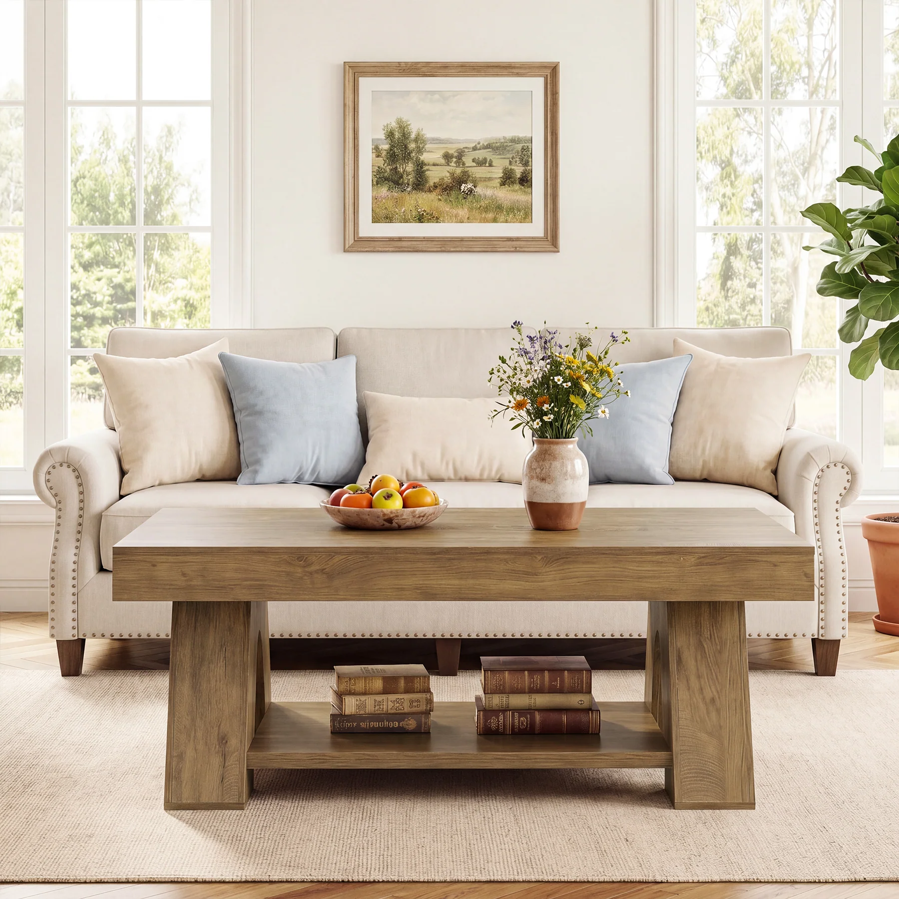 Tribesigns 55.1-Inch Farmhouse Coffee Table with Storage Shelf, Large Rectangle Center Table for Living Room - Image 7