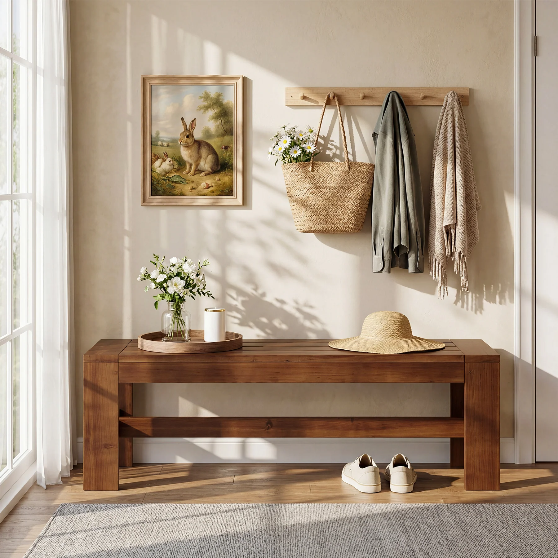55.12" Solid Wood Entryway Bench, Farmhouse Indoor End of Bed Bench - Image 6