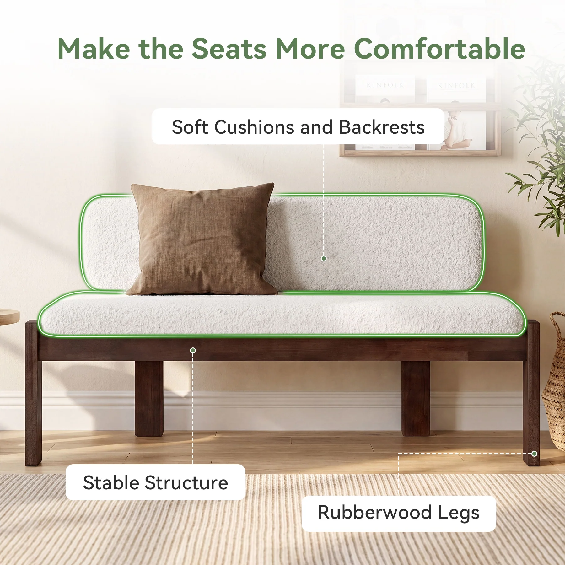 55.12" Upholstered Solid Wood Bench, End of Bed Bench with Backrest - Image 8