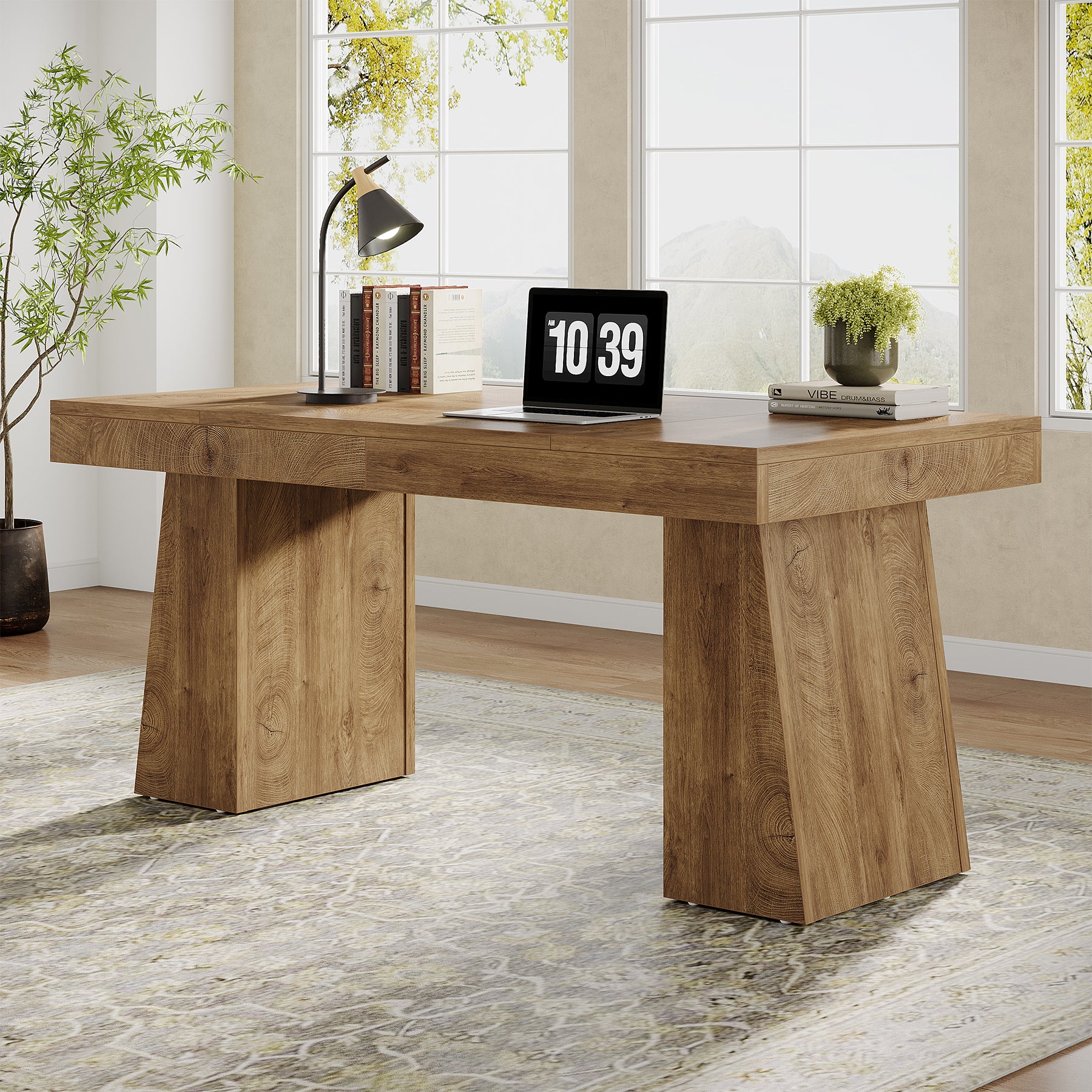 55" Executive Desk with Double Trapezoid Base, Modern Wooden Computer Desk for Home Office