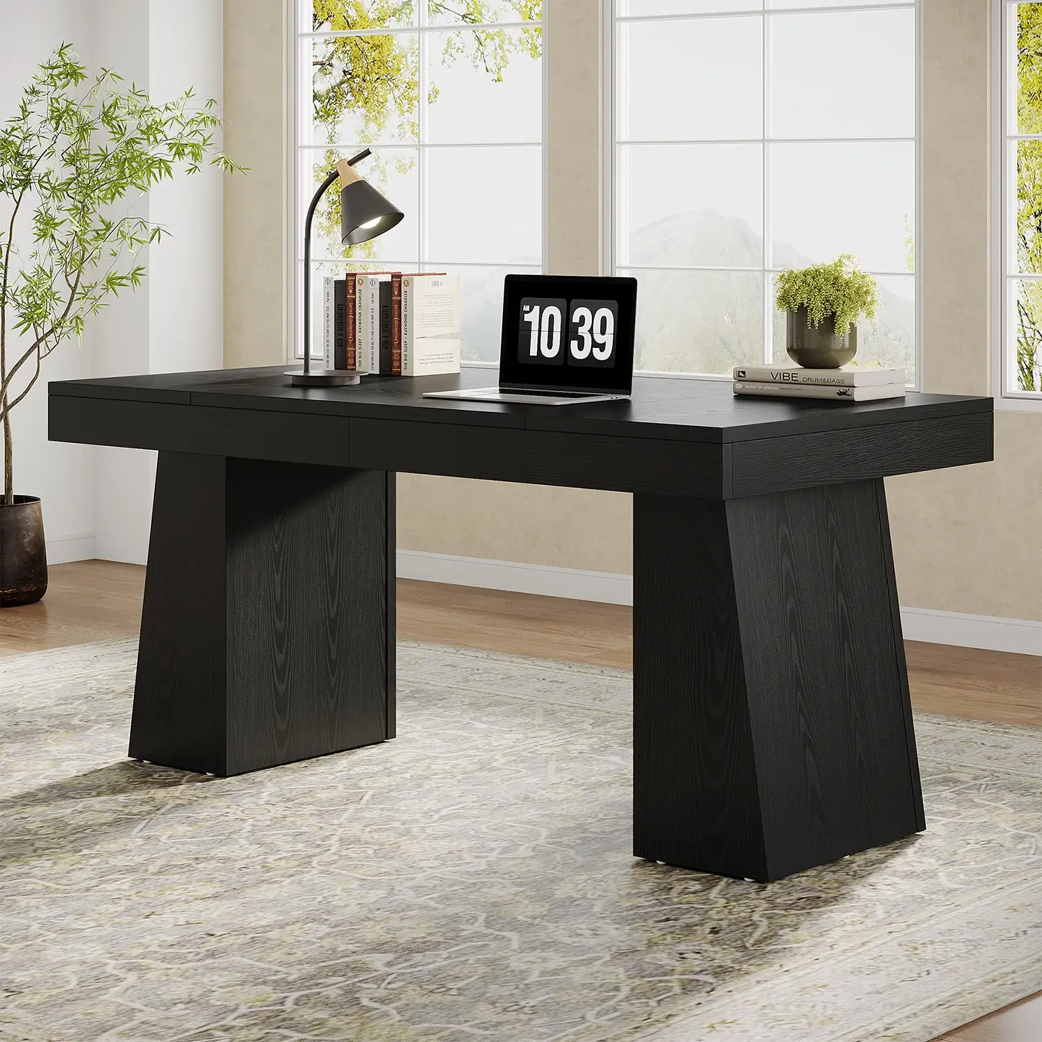 55" Executive Desk with Double Trapezoid Base, Modern Wooden Computer Desk for Home Office - Image 10