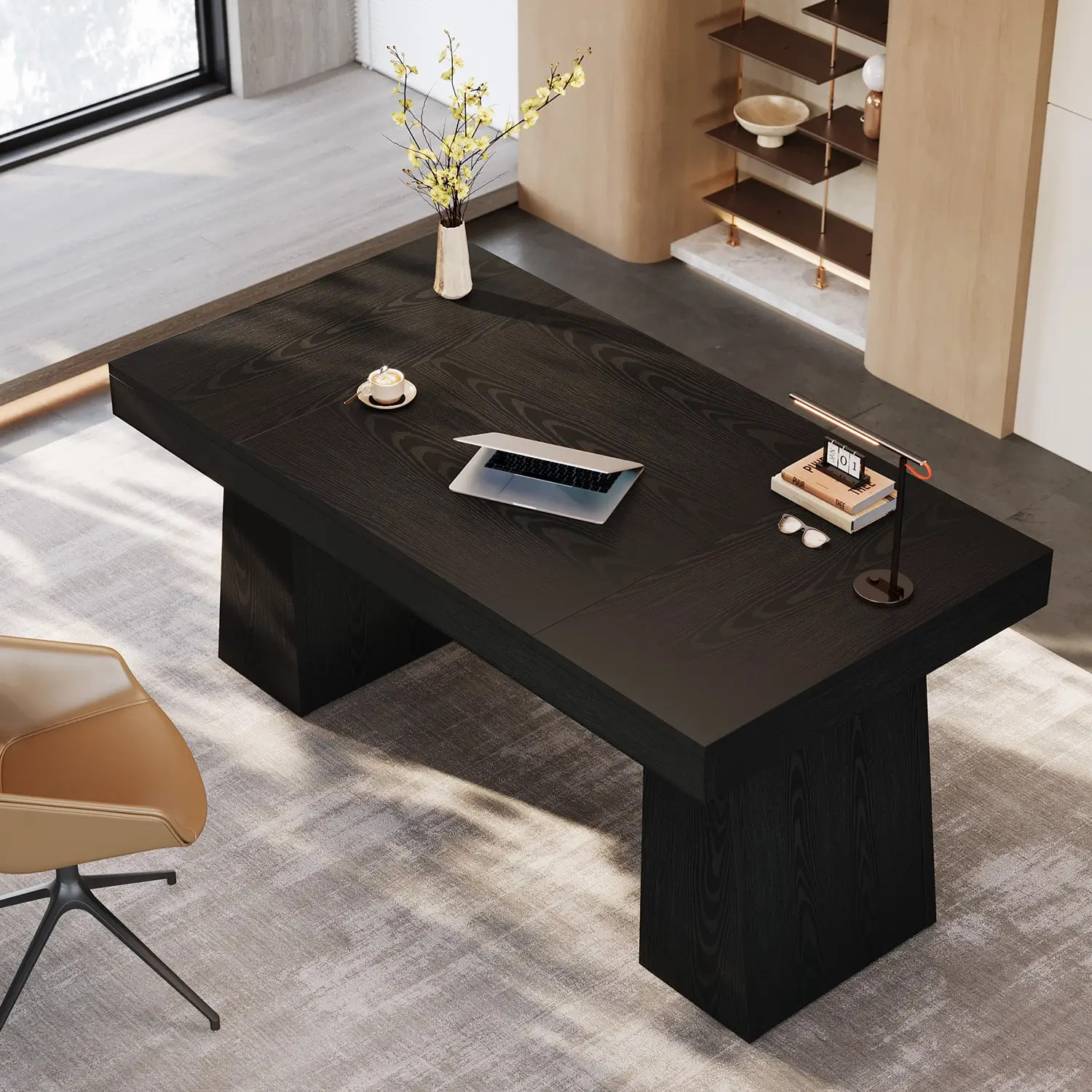 55" Executive Desk with Double Trapezoid Base, Modern Wooden Computer Desk for Home Office - Image 12