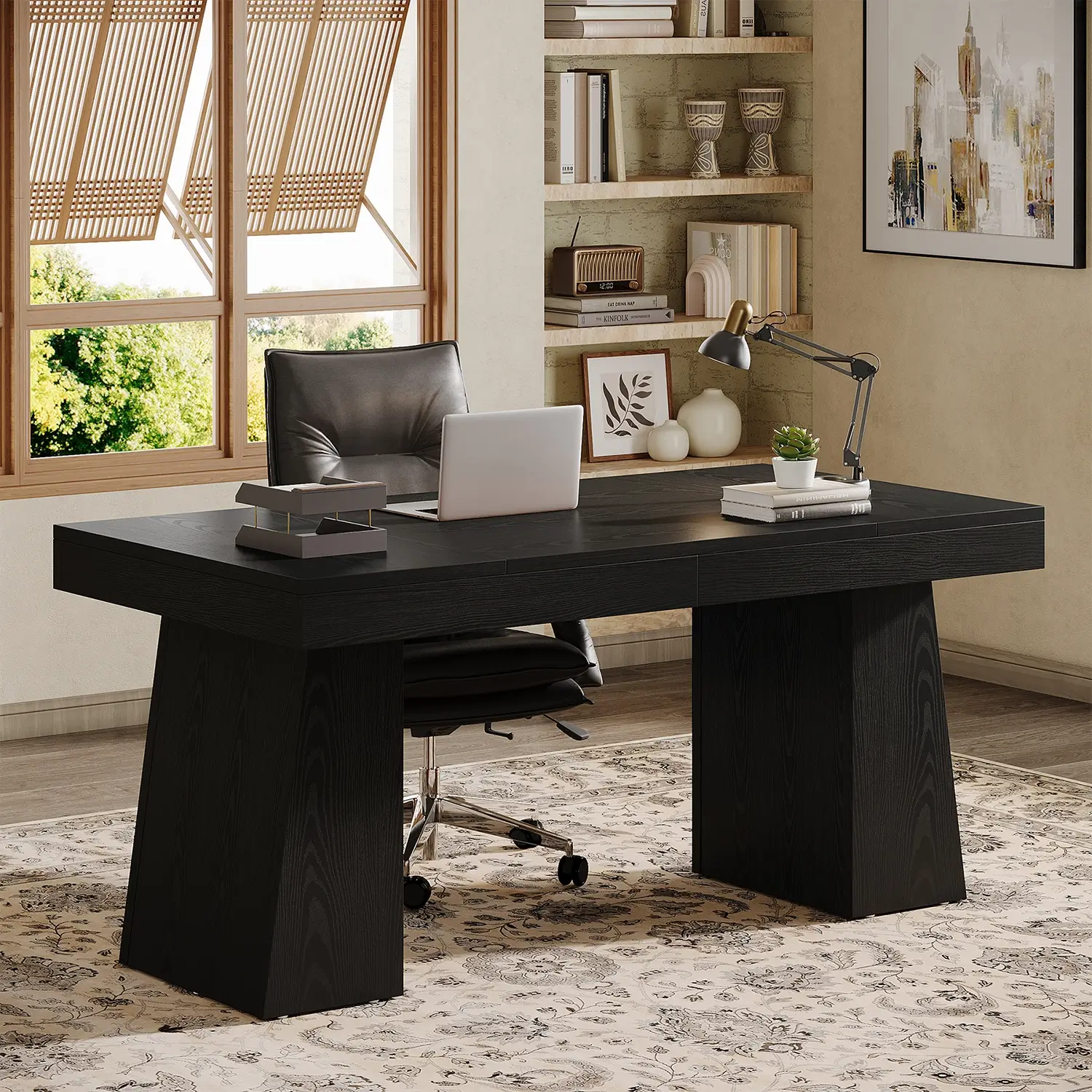 55" Executive Desk with Double Trapezoid Base, Modern Wooden Computer Desk for Home Office - Image 17