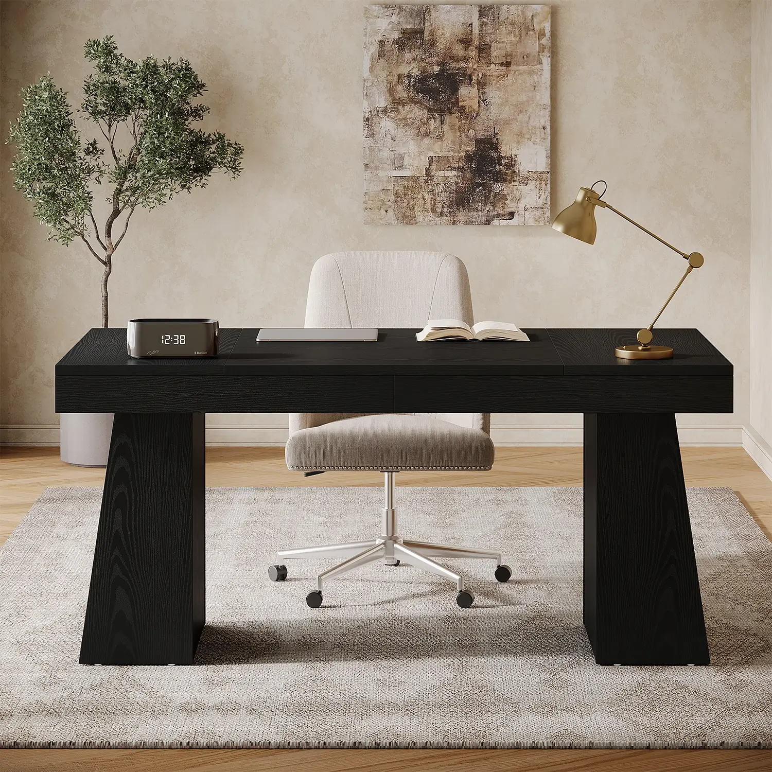 55" Executive Desk with Double Trapezoid Base, Modern Wooden Computer Desk for Home Office - Image 18