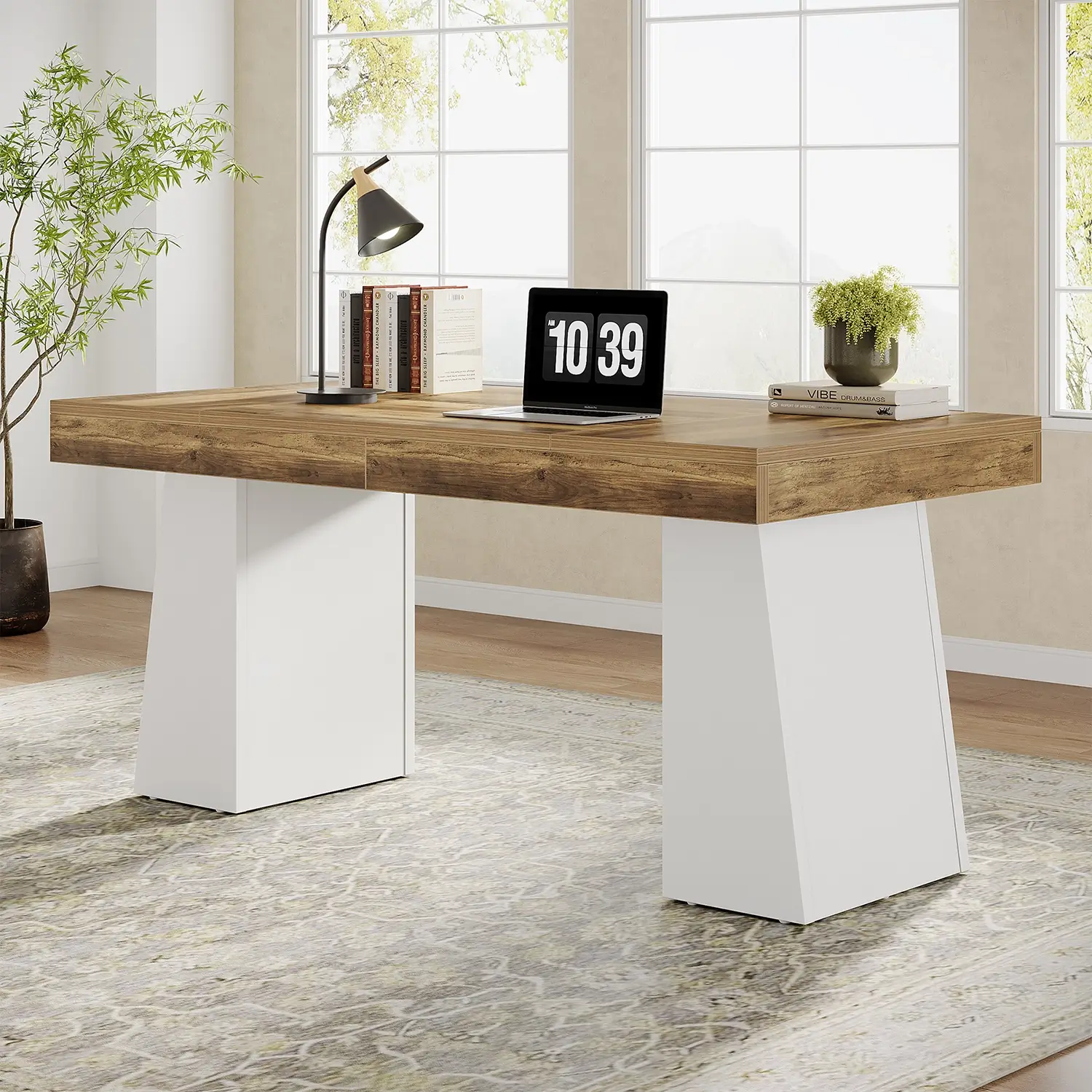 55" Executive Desk with Double Trapezoid Base, Modern Wooden Computer Desk for Home Office - Image 20