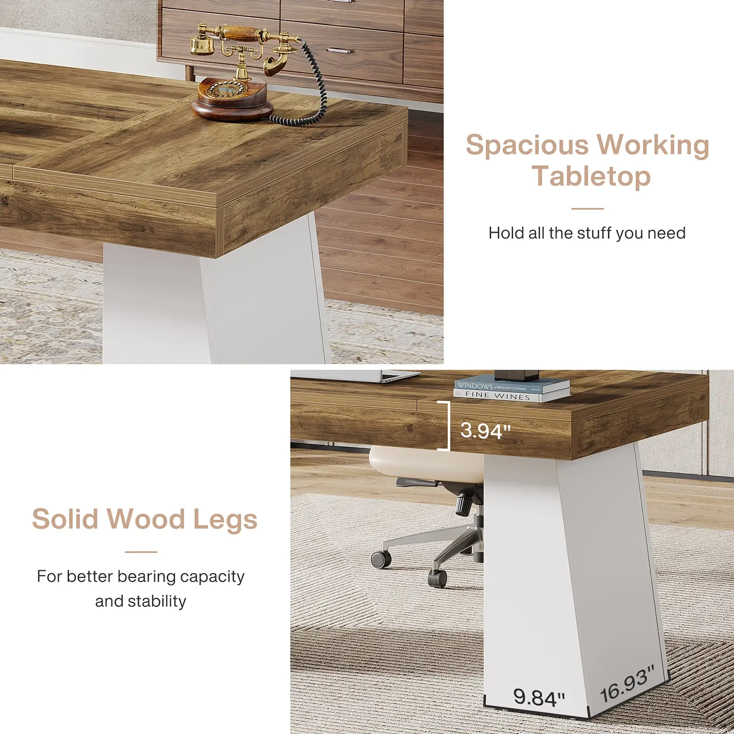 55" Executive Desk with Double Trapezoid Base, Modern Wooden Computer Desk for Home Office - Image 24