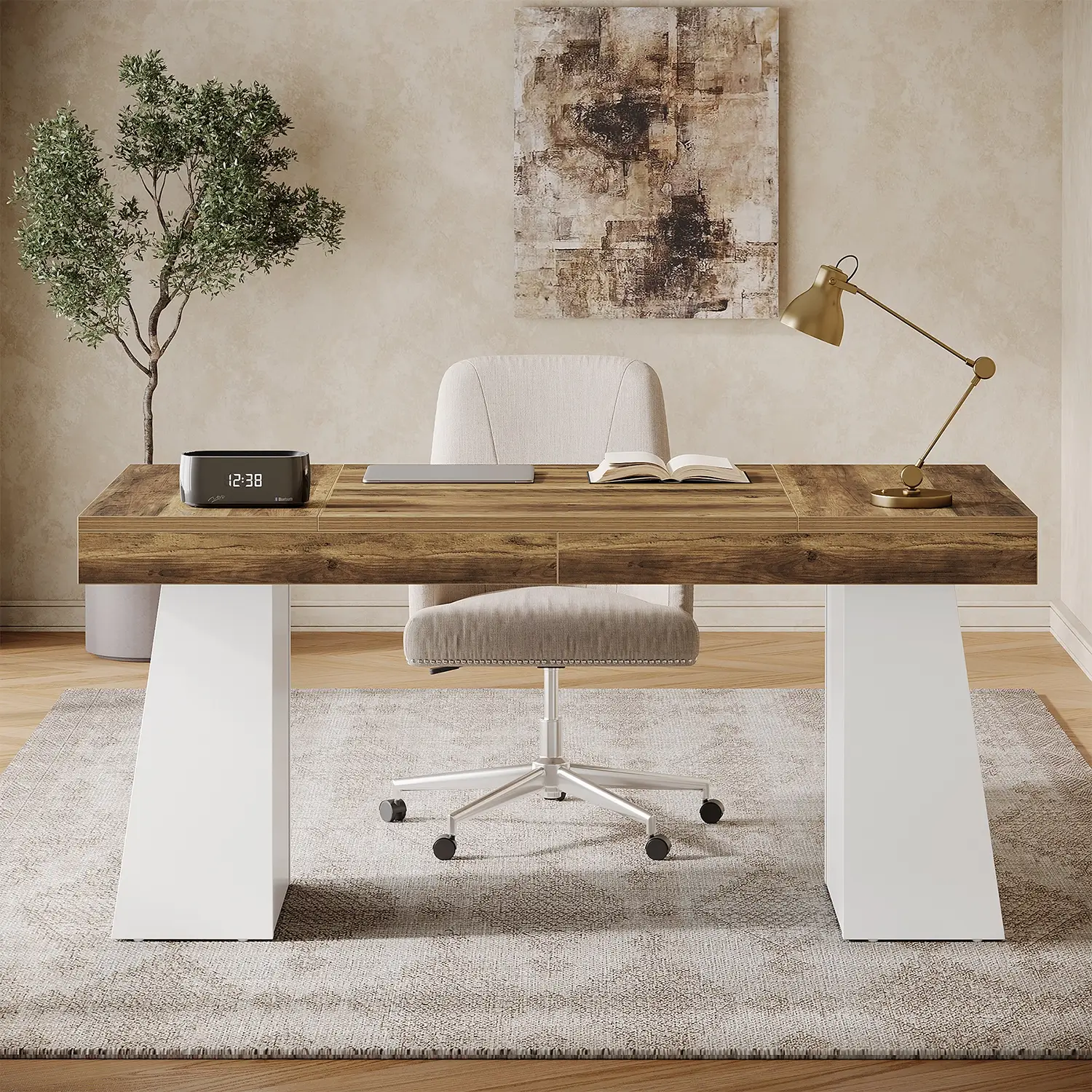 55" Executive Desk with Double Trapezoid Base, Modern Wooden Computer Desk for Home Office - Image 26