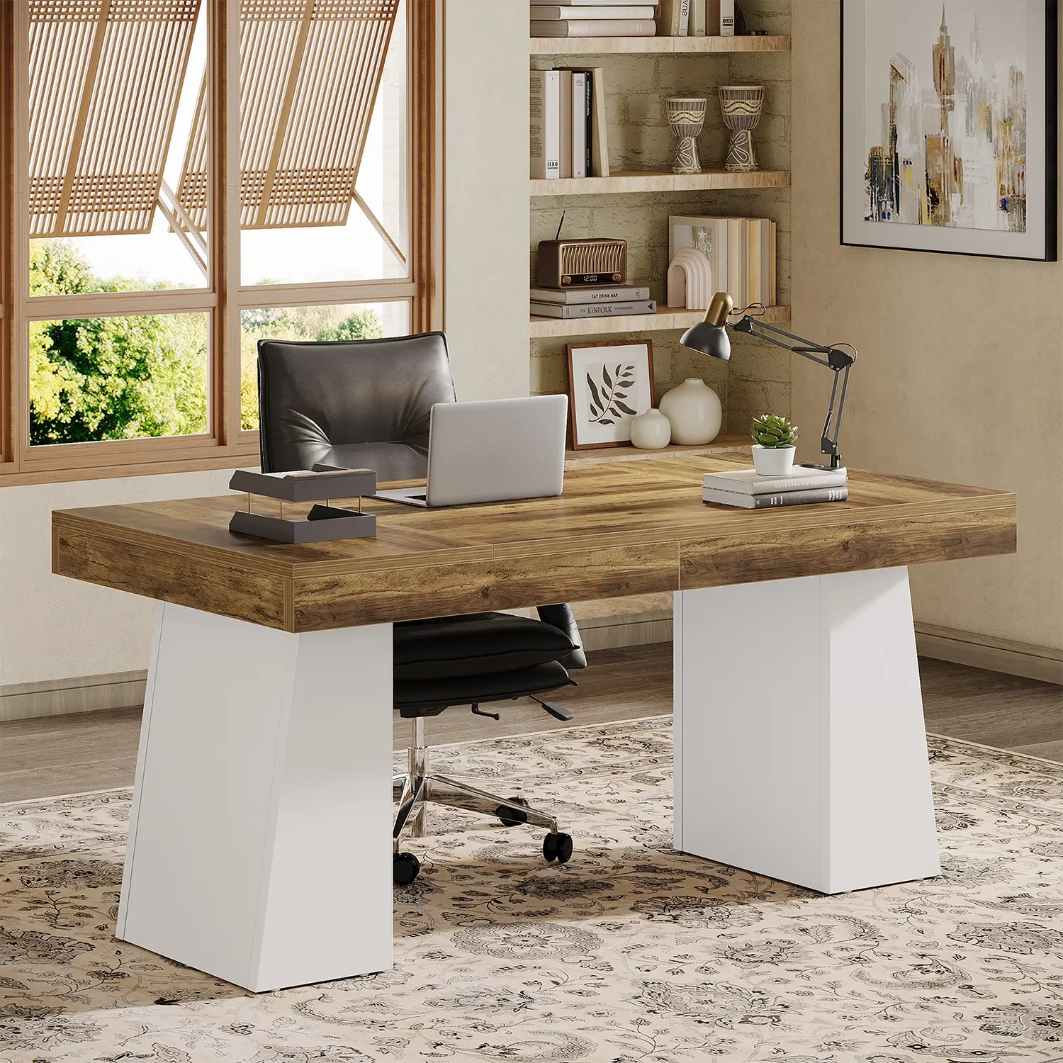 55" Executive Desk with Double Trapezoid Base, Modern Wooden Computer Desk for Home Office - Image 27