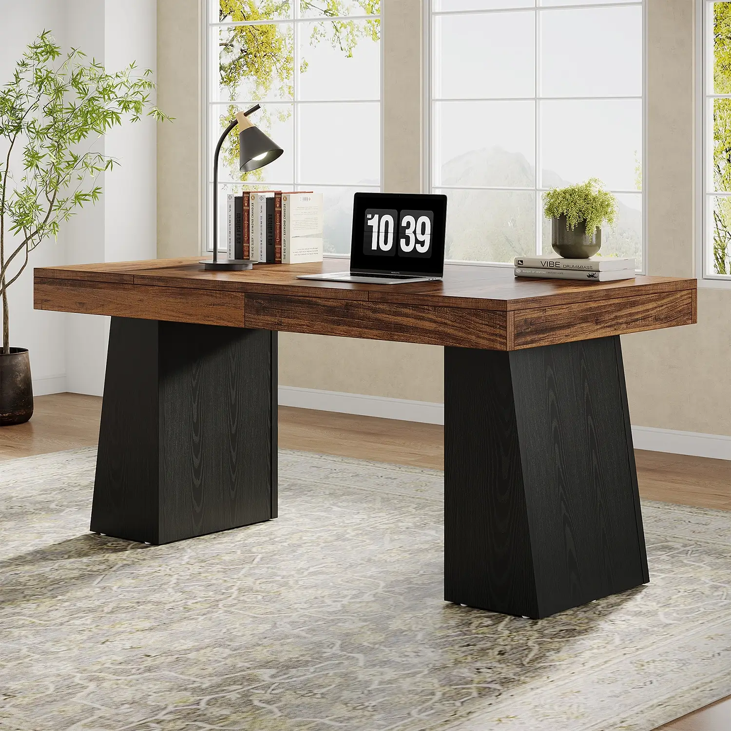 55" Executive Desk with Double Trapezoid Base, Modern Wooden Computer Desk for Home Office - Image 29