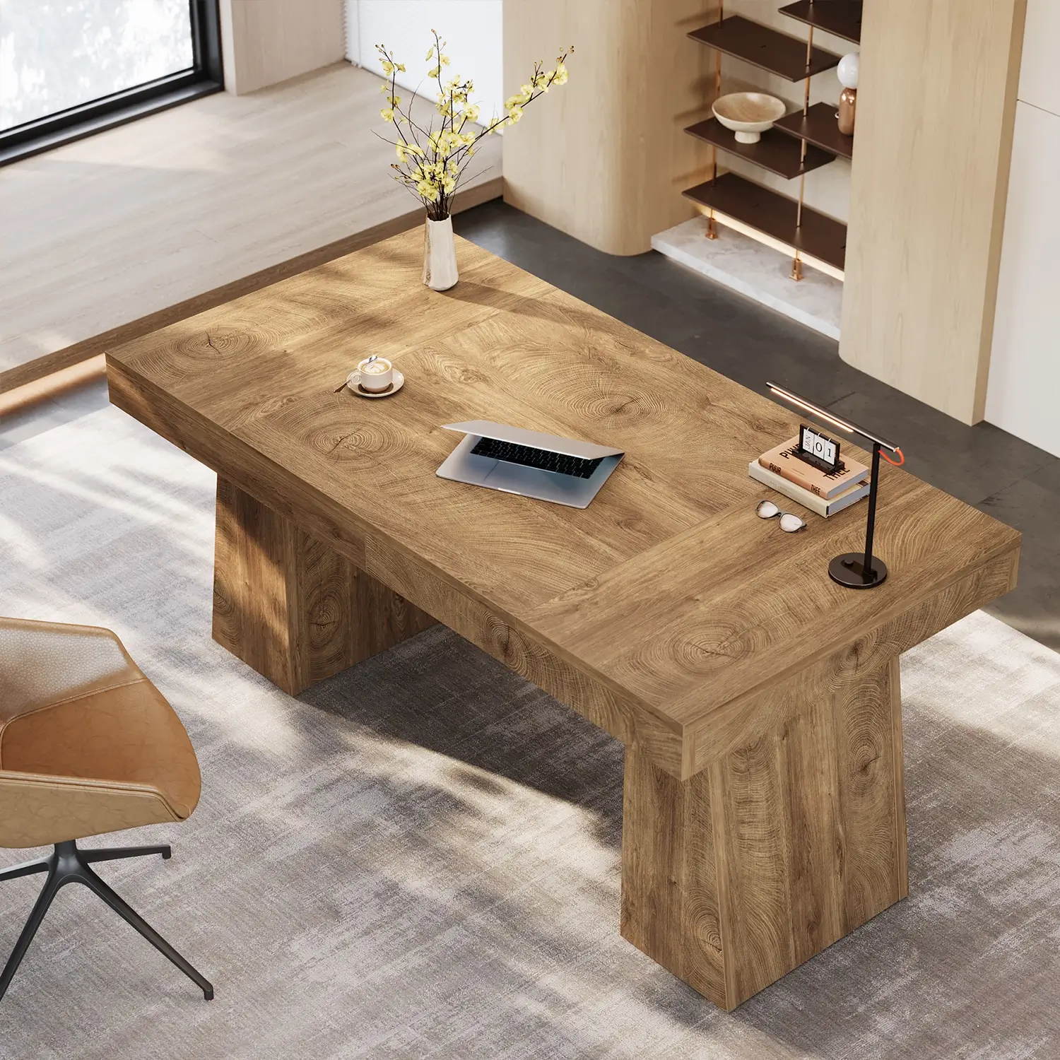 55" Executive Desk with Double Trapezoid Base, Modern Wooden Computer Desk for Home Office - Image 3