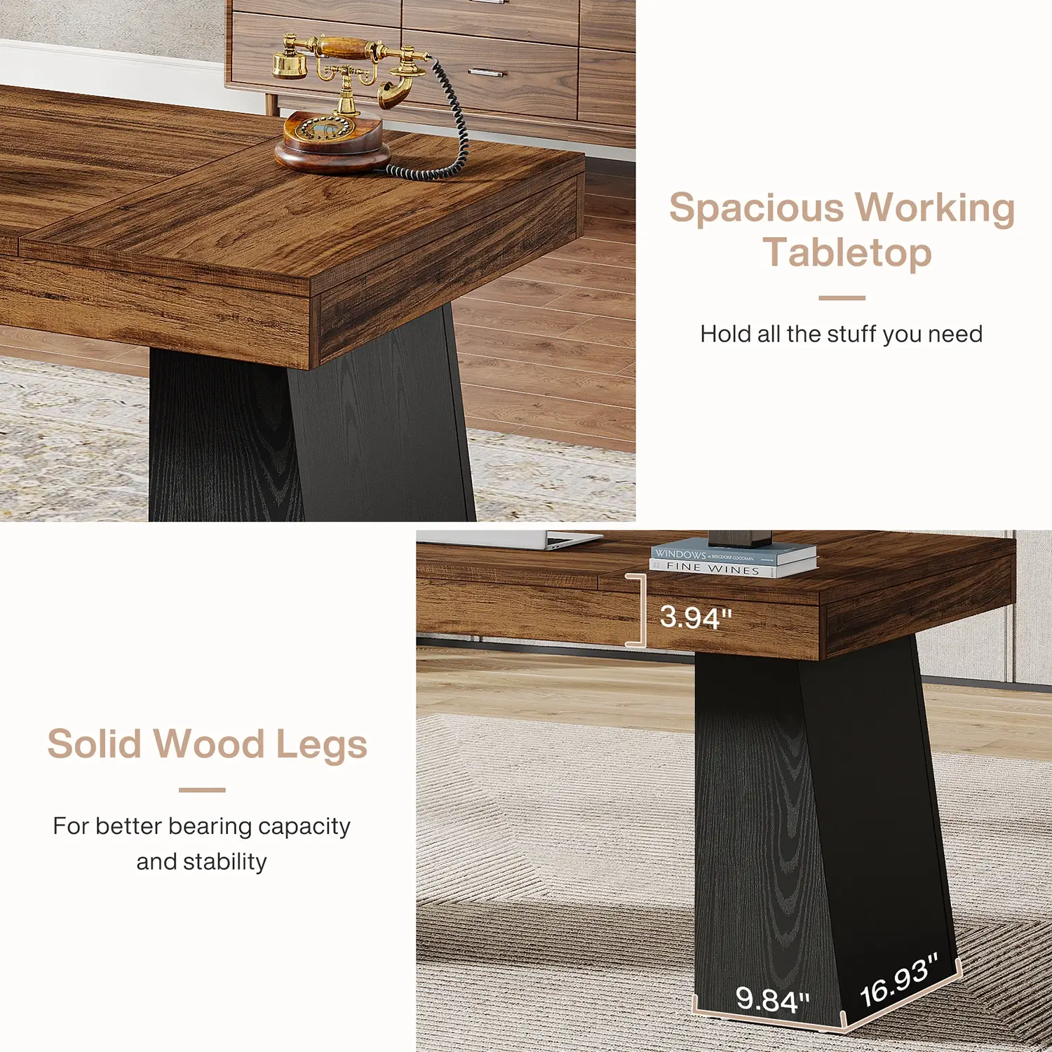 55" Executive Desk with Double Trapezoid Base, Modern Wooden Computer Desk for Home Office - Image 32
