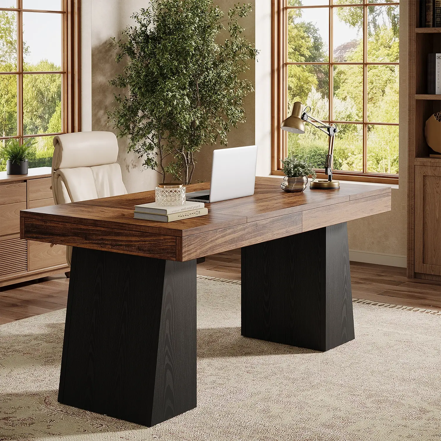 55" Executive Desk with Double Trapezoid Base, Modern Wooden Computer Desk for Home Office - Image 34