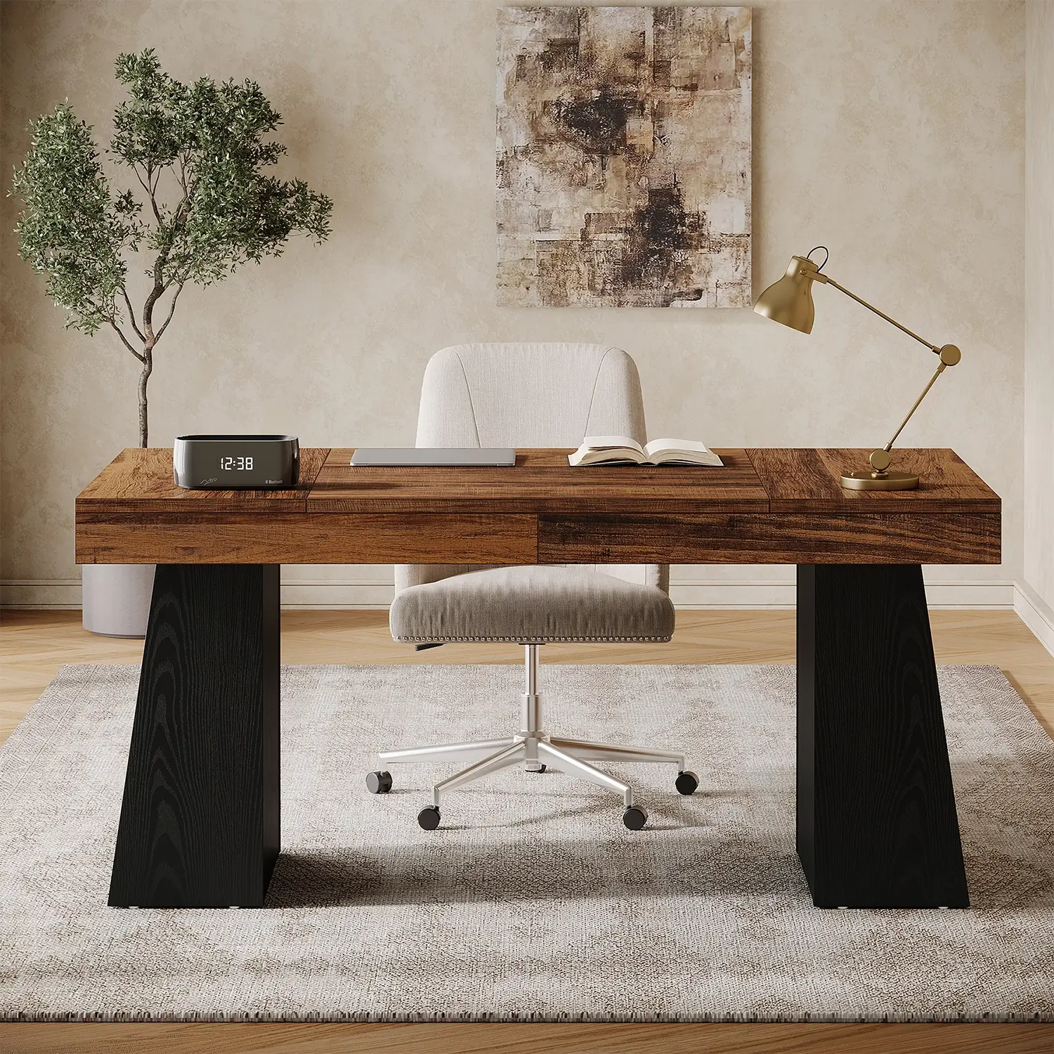55" Executive Desk with Double Trapezoid Base, Modern Wooden Computer Desk for Home Office - Image 35