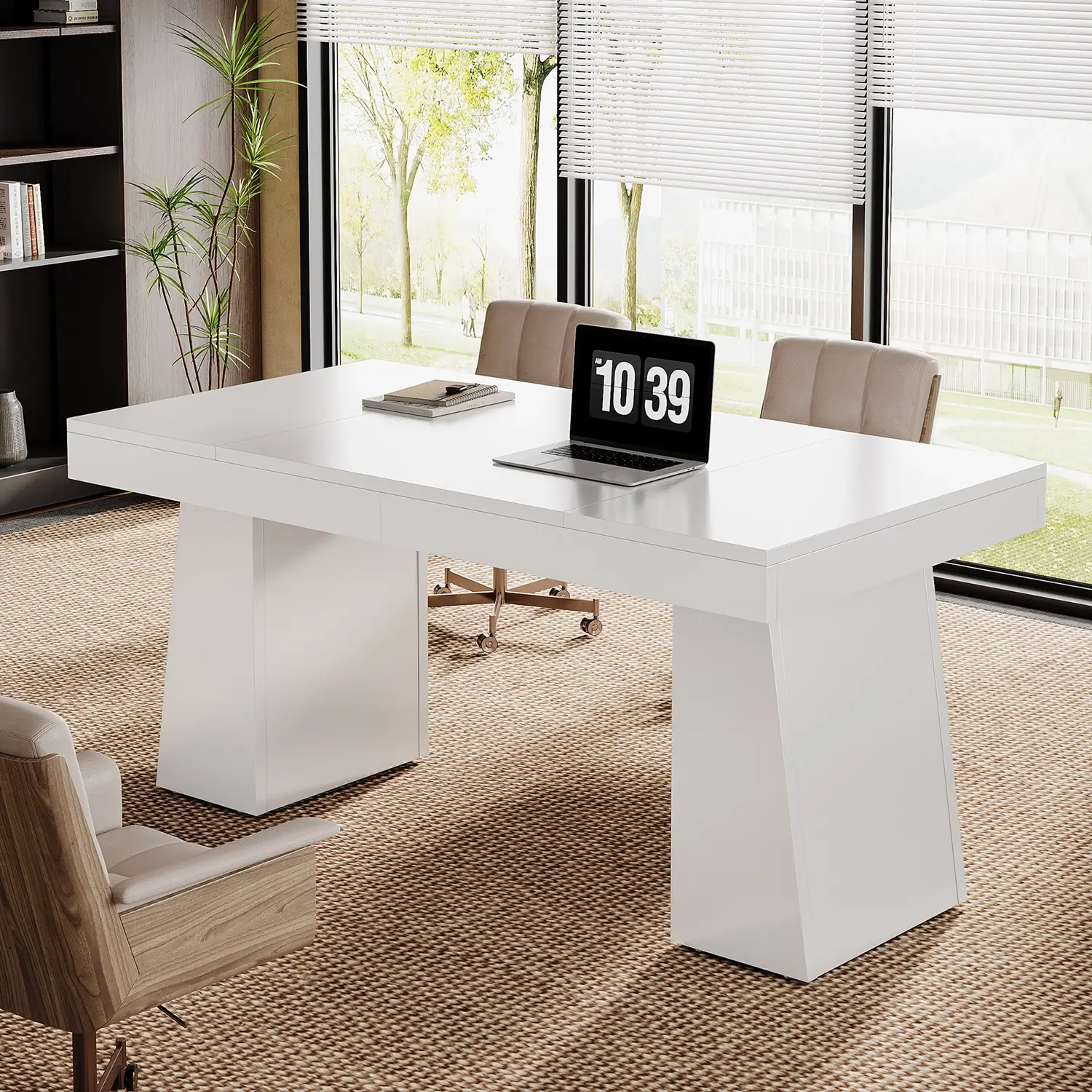 55" Executive Desk with Double Trapezoid Base, Modern Wooden Computer Desk for Home Office - Image 37