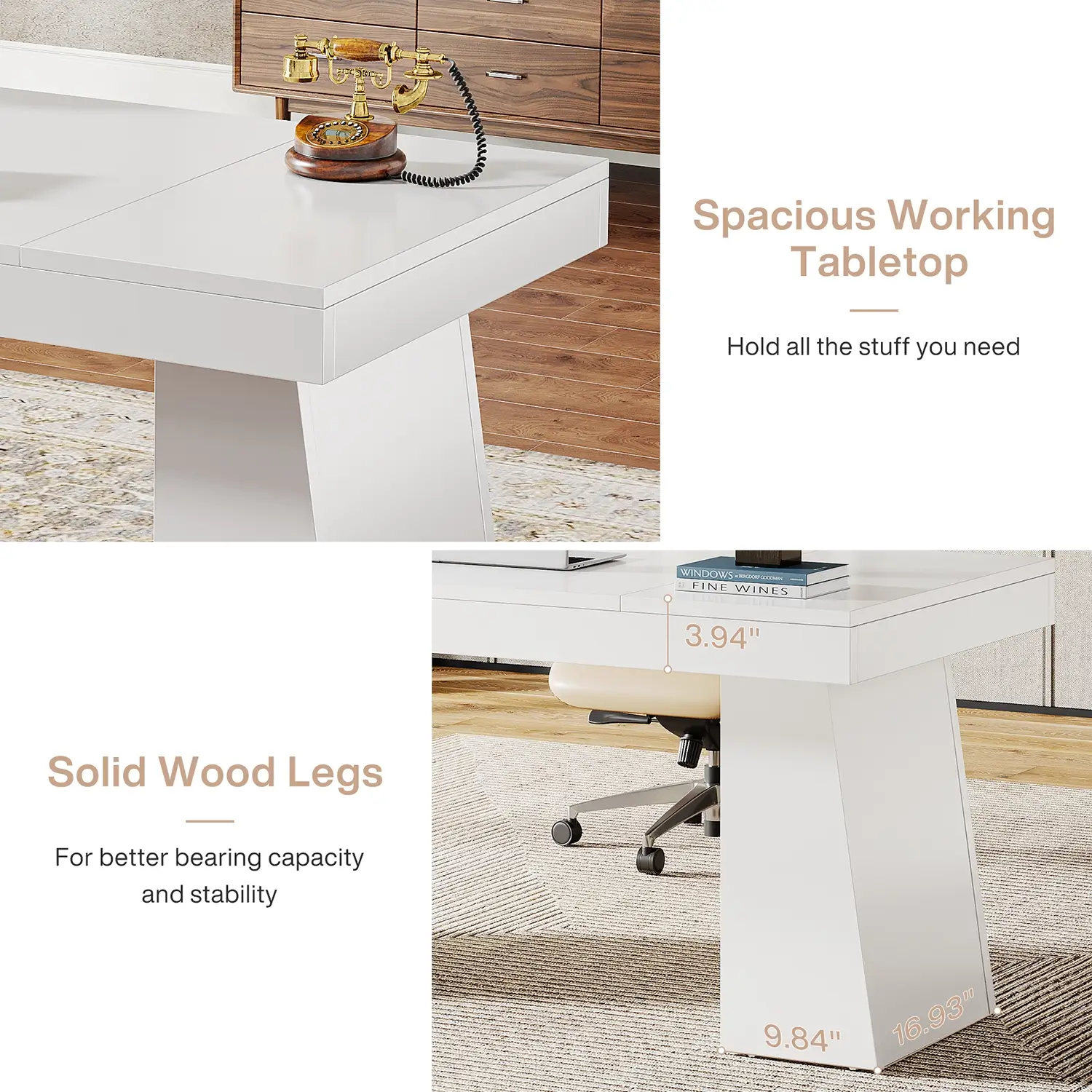 55" Executive Desk with Double Trapezoid Base, Modern Wooden Computer Desk for Home Office - Image 39