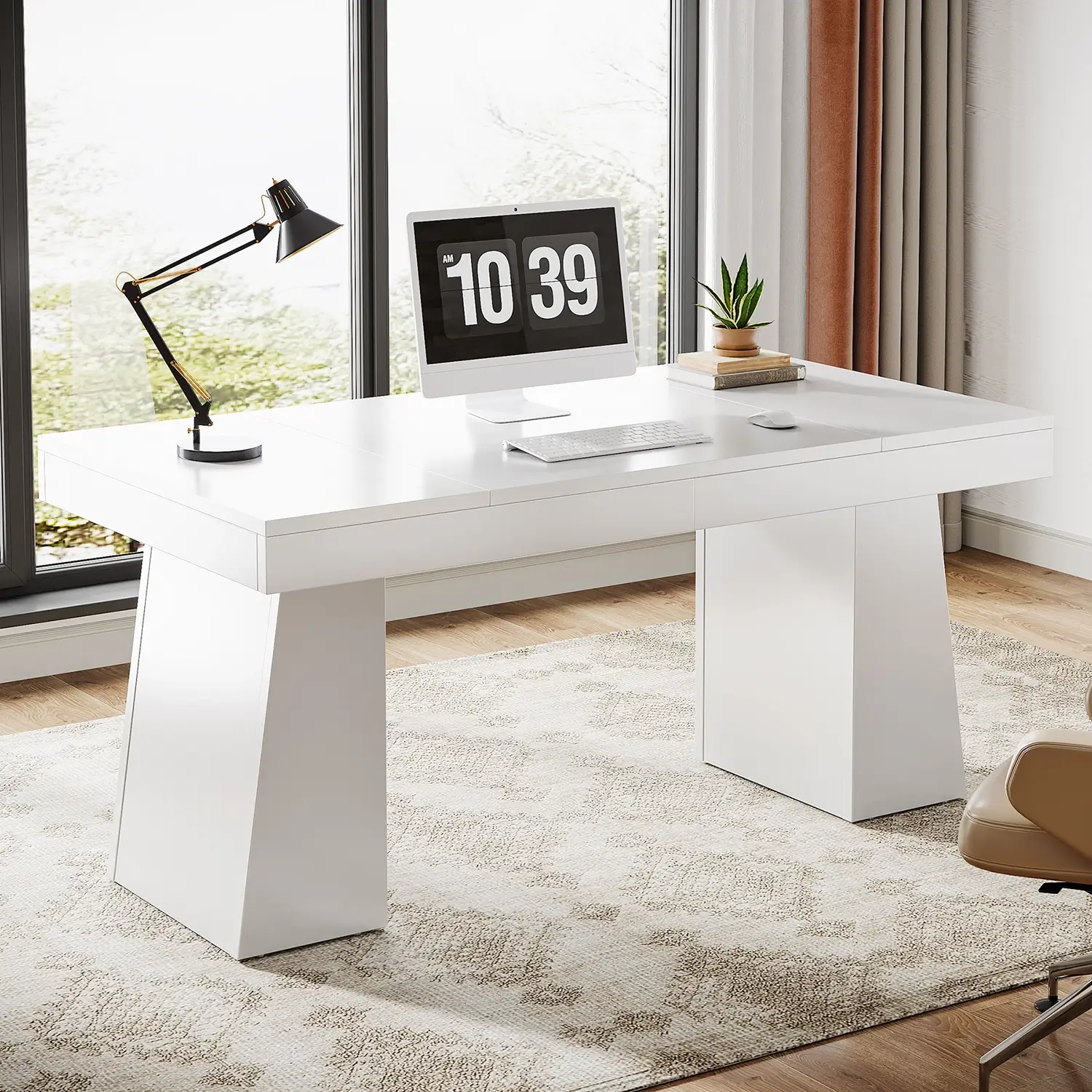 55" Executive Desk with Double Trapezoid Base, Modern Wooden Computer Desk for Home Office - Image 40