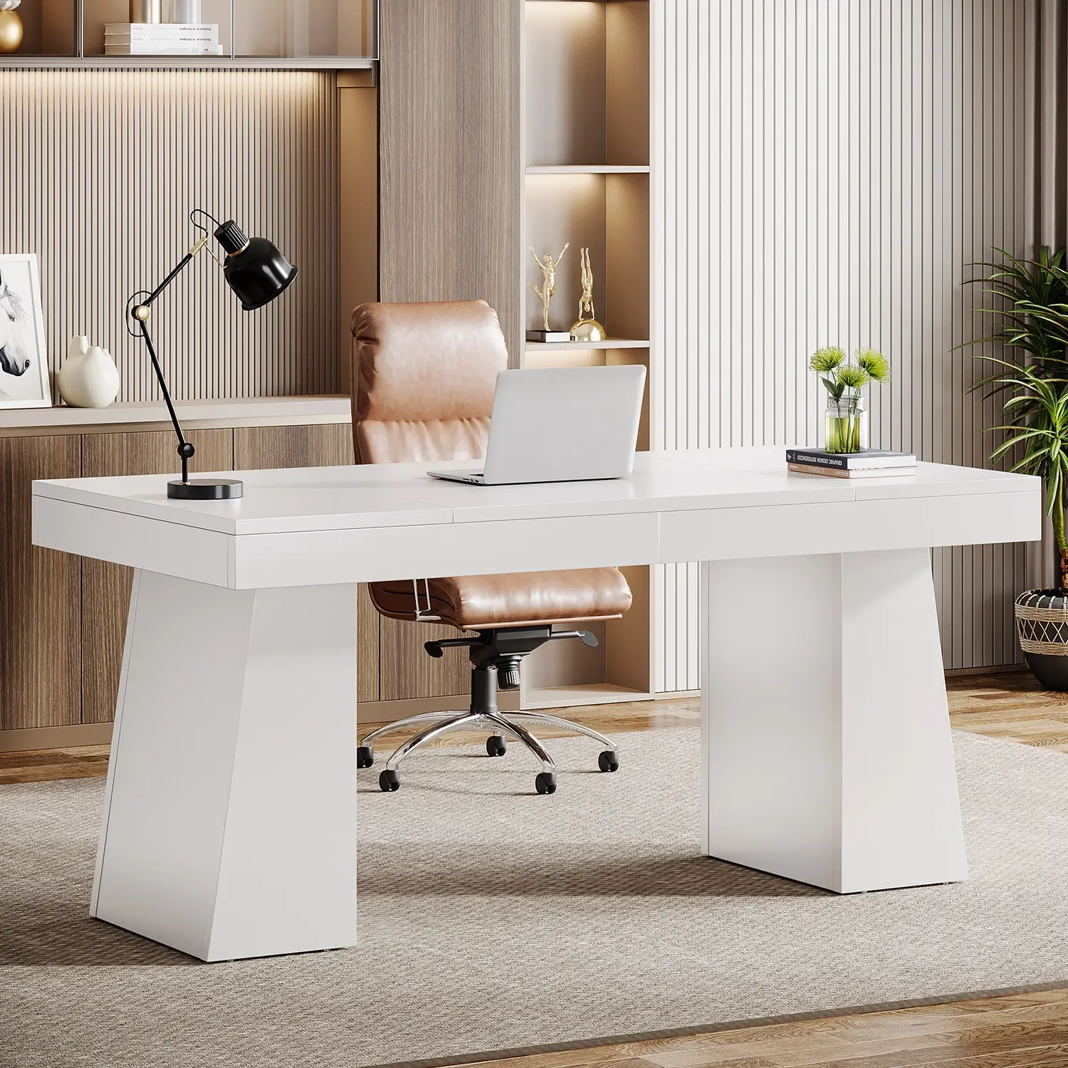 55" Executive Desk with Double Trapezoid Base, Modern Wooden Computer Desk for Home Office - Image 41