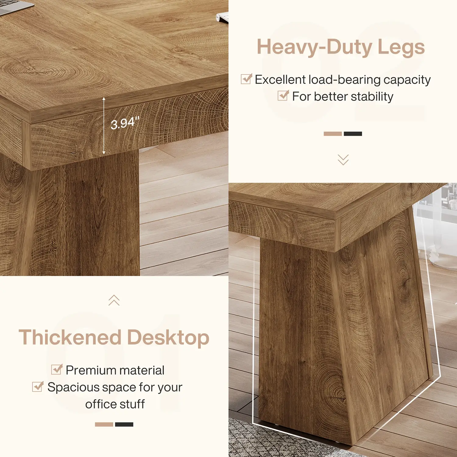55" Executive Desk with Double Trapezoid Base, Modern Wooden Computer Desk for Home Office - Image 5
