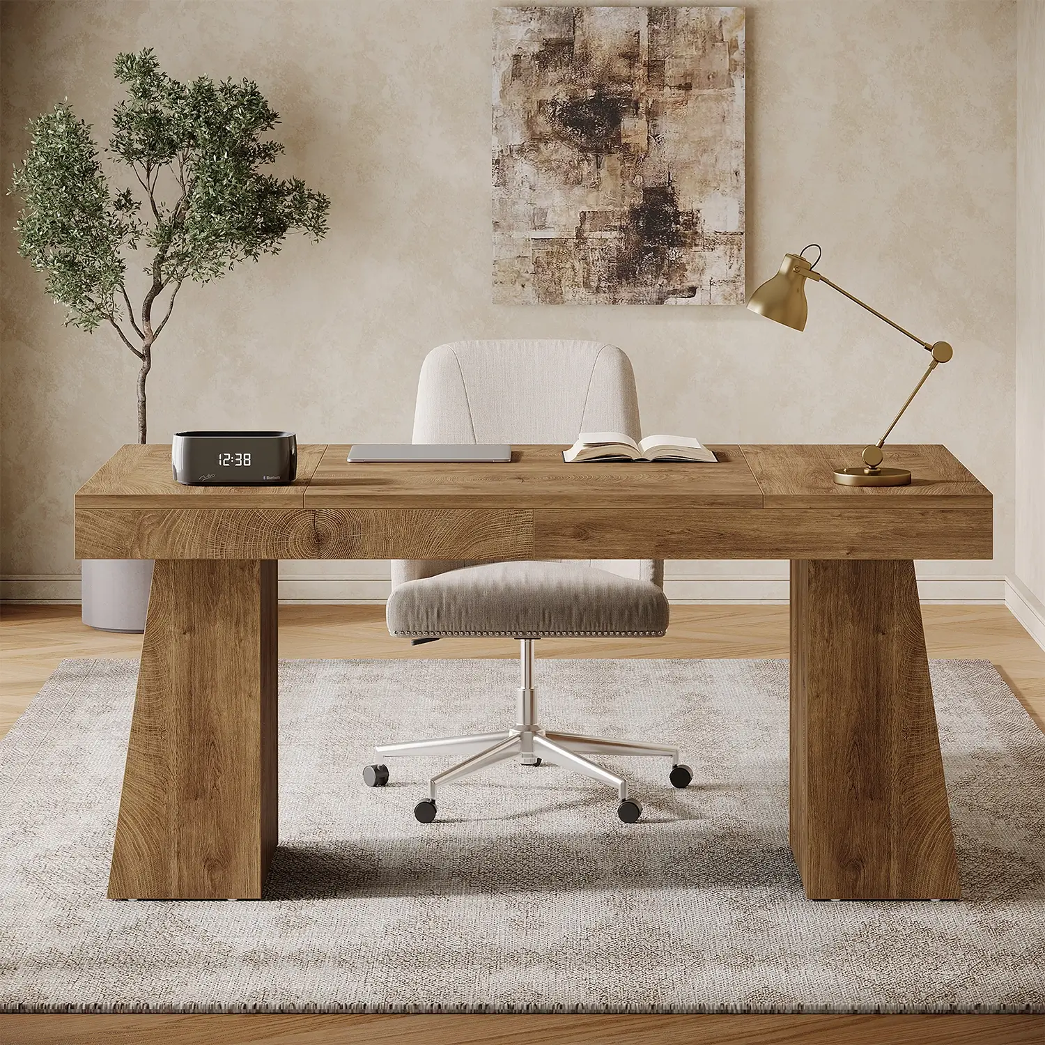55" Executive Desk with Double Trapezoid Base, Modern Wooden Computer Desk for Home Office - Image 8