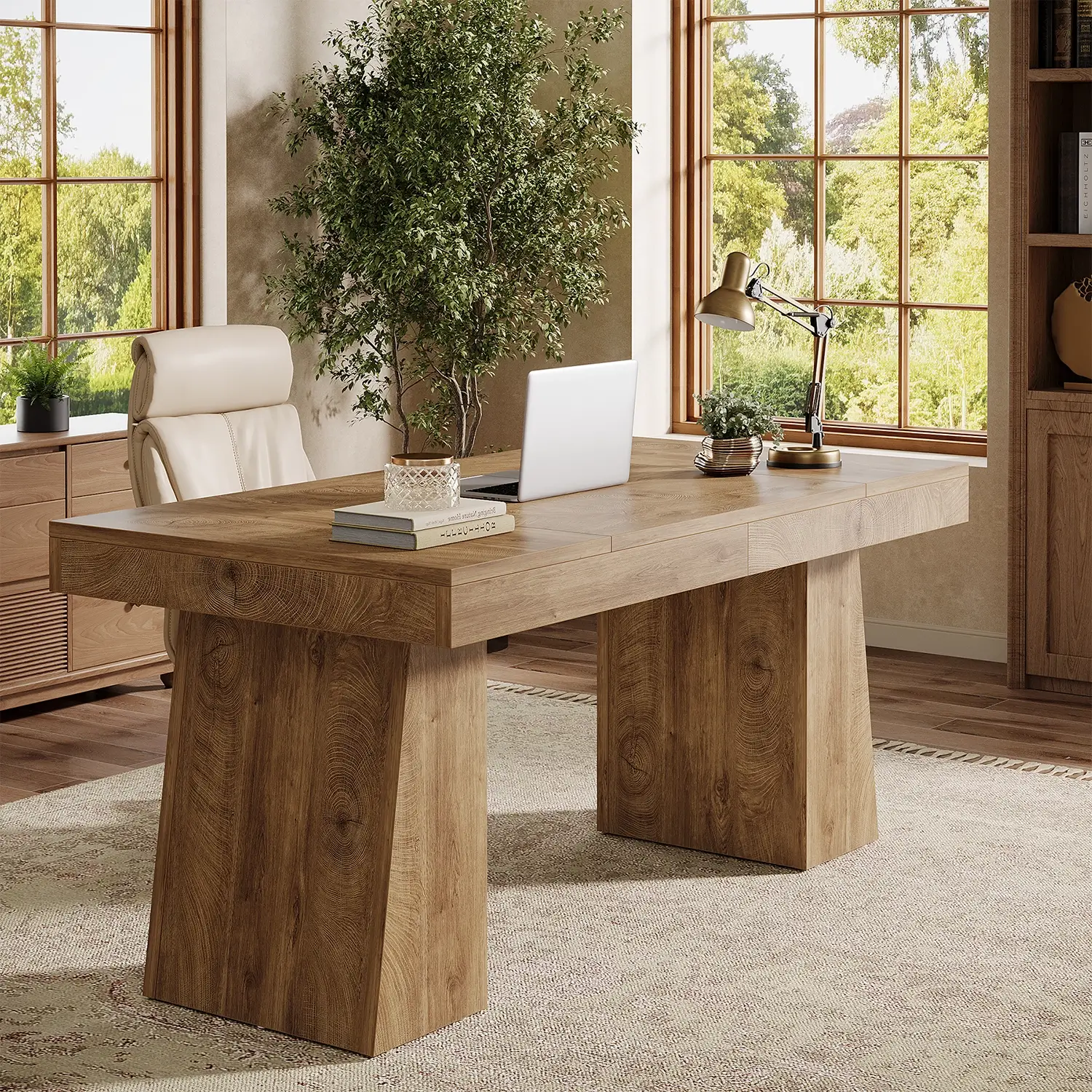 55" Executive Desk with Double Trapezoid Base, Modern Wooden Computer Desk for Home Office - Image 9