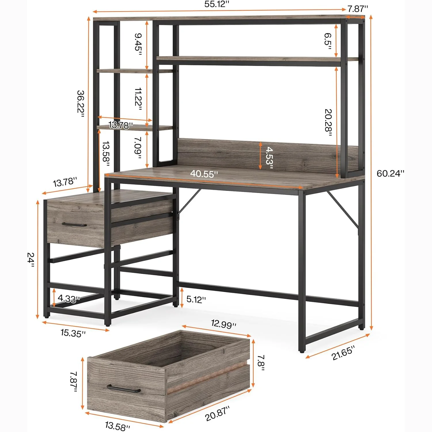 Tribesigns 55 Inch Computer Desk with Storage Shelves, Rustic Office Desk with Drawers - Image 20