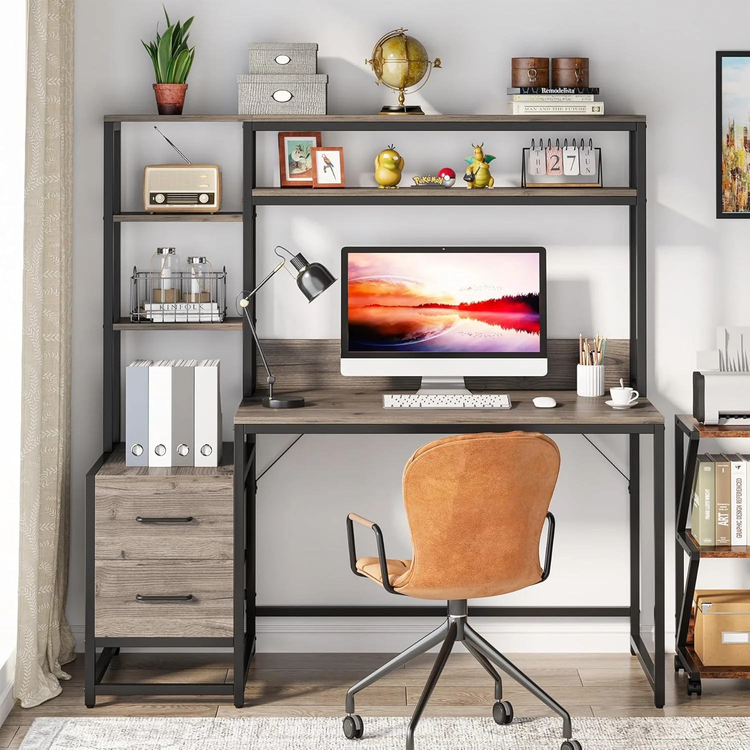 Tribesigns 55 Inch Computer Desk with Storage Shelves, Rustic Office Desk with Drawers - Image 21