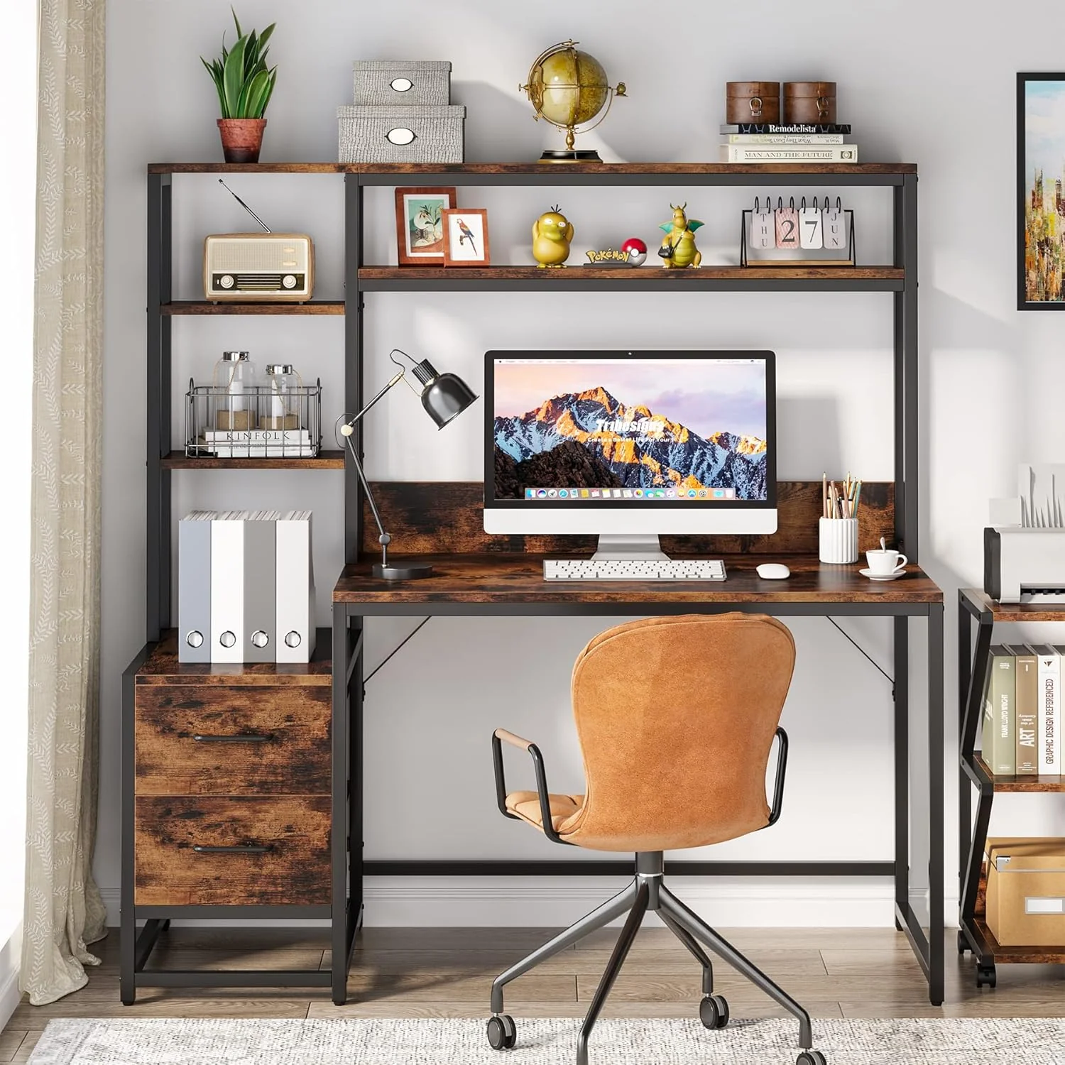 Tribesigns 55 Inch Computer Desk with Storage Shelves, Rustic Office Desk with Drawers - Image 4