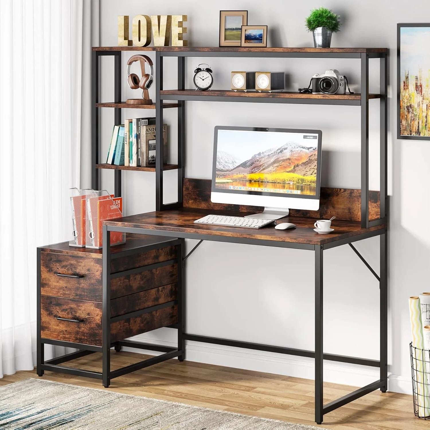 Tribesigns 55 Inch Computer Desk with Storage Shelves, Rustic Office Desk with Drawers - Image 7
