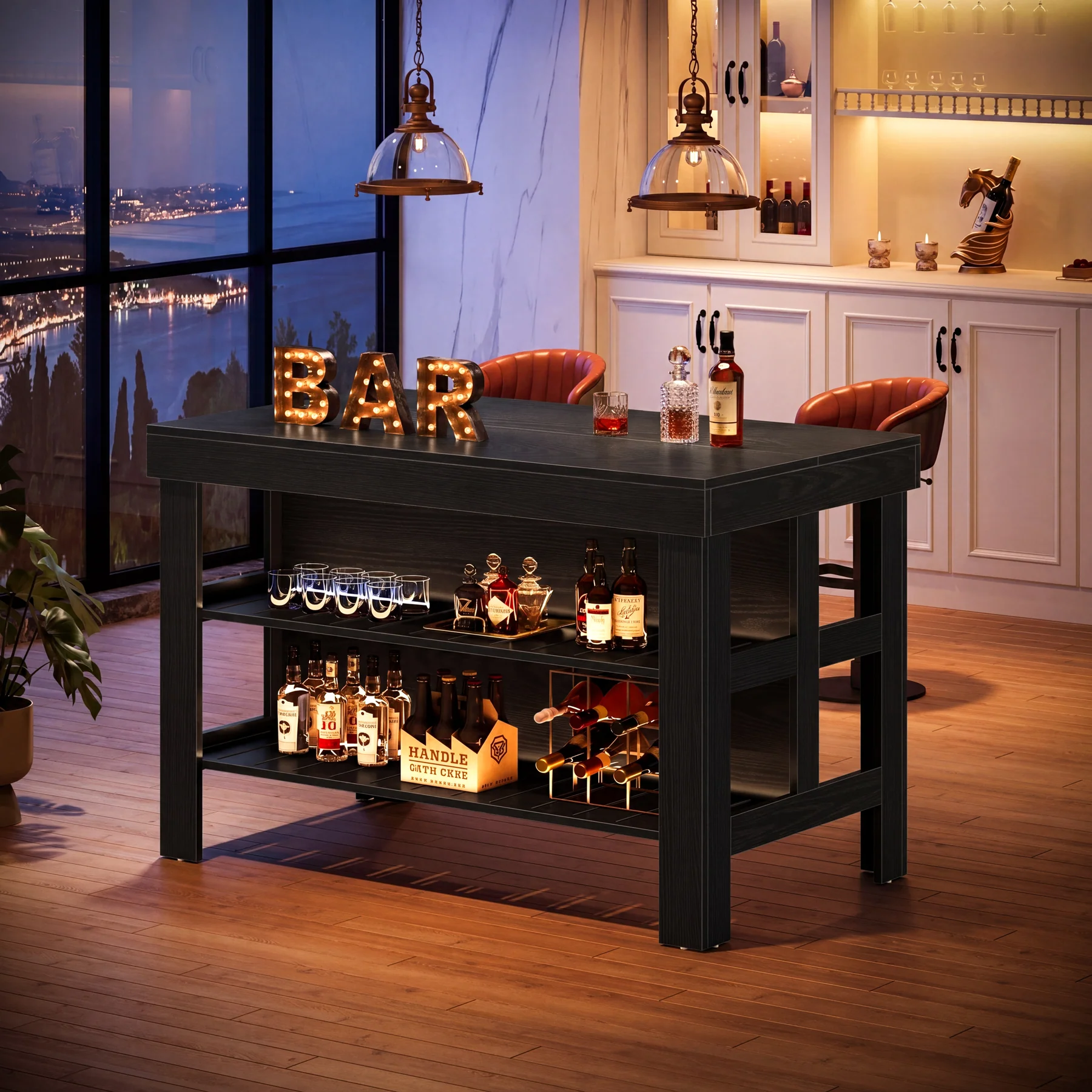 Home Bar Table Unit, 55" Counter Height Bar Cabinet with Storage Shelves - Image 13