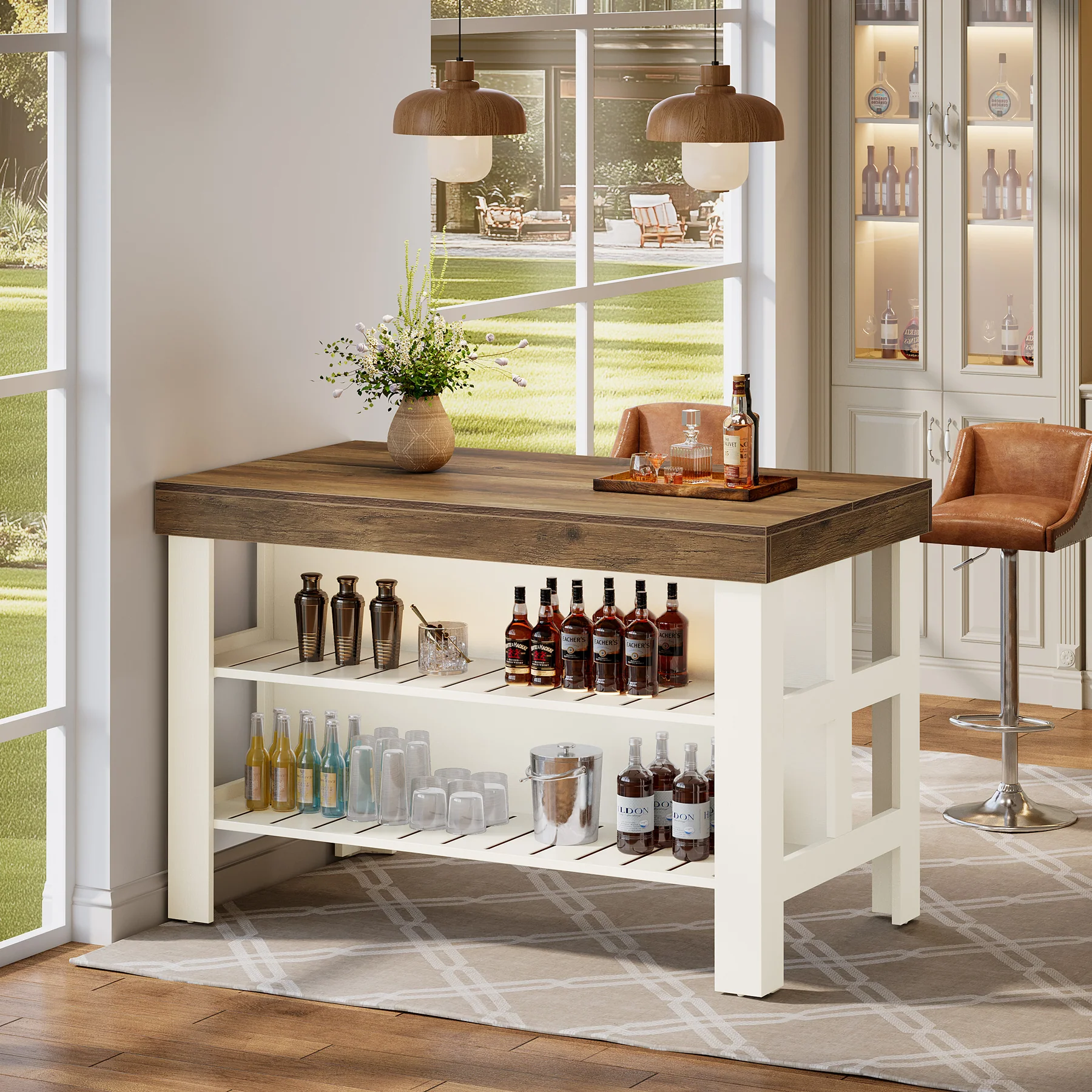 Home Bar Table Unit, 55" Counter Height Bar Cabinet with Storage Shelves - Image 4