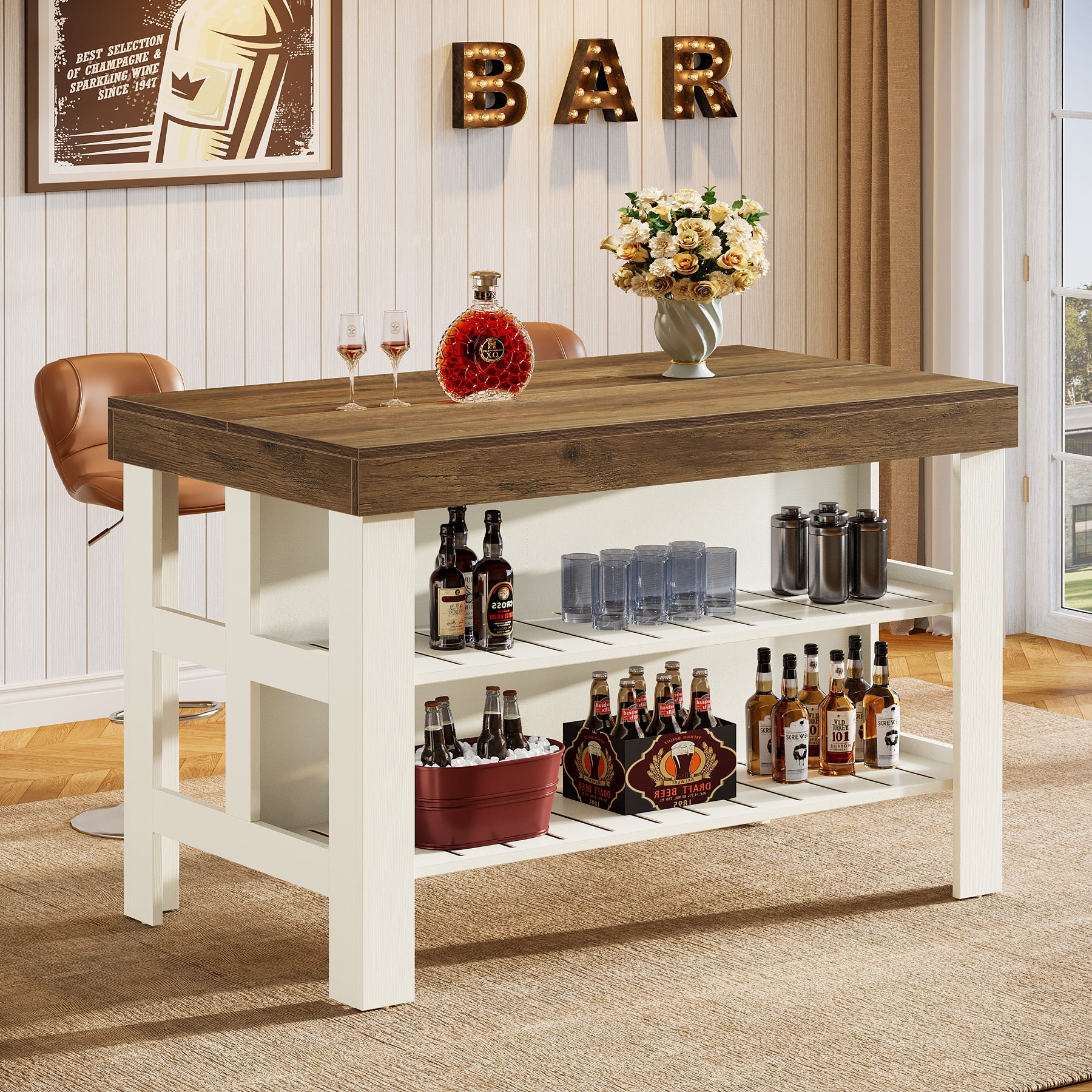 Home Bar Table Unit, 55" Counter Height Bar Cabinet with Storage Shelves - Image 8