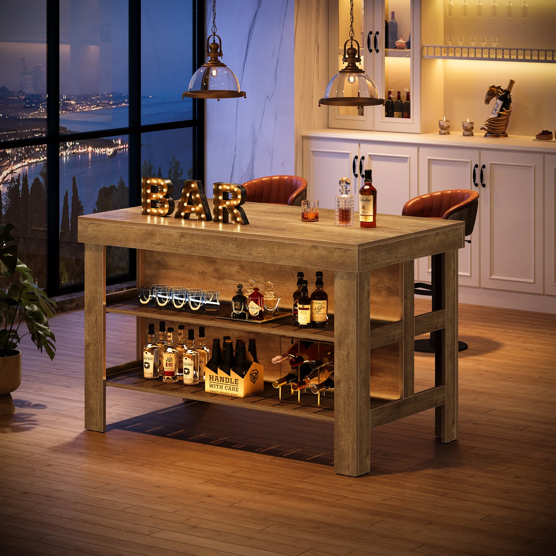 Home Bar Table Unit, 55" Counter Height Bar Cabinet with Storage Shelves - Image 9