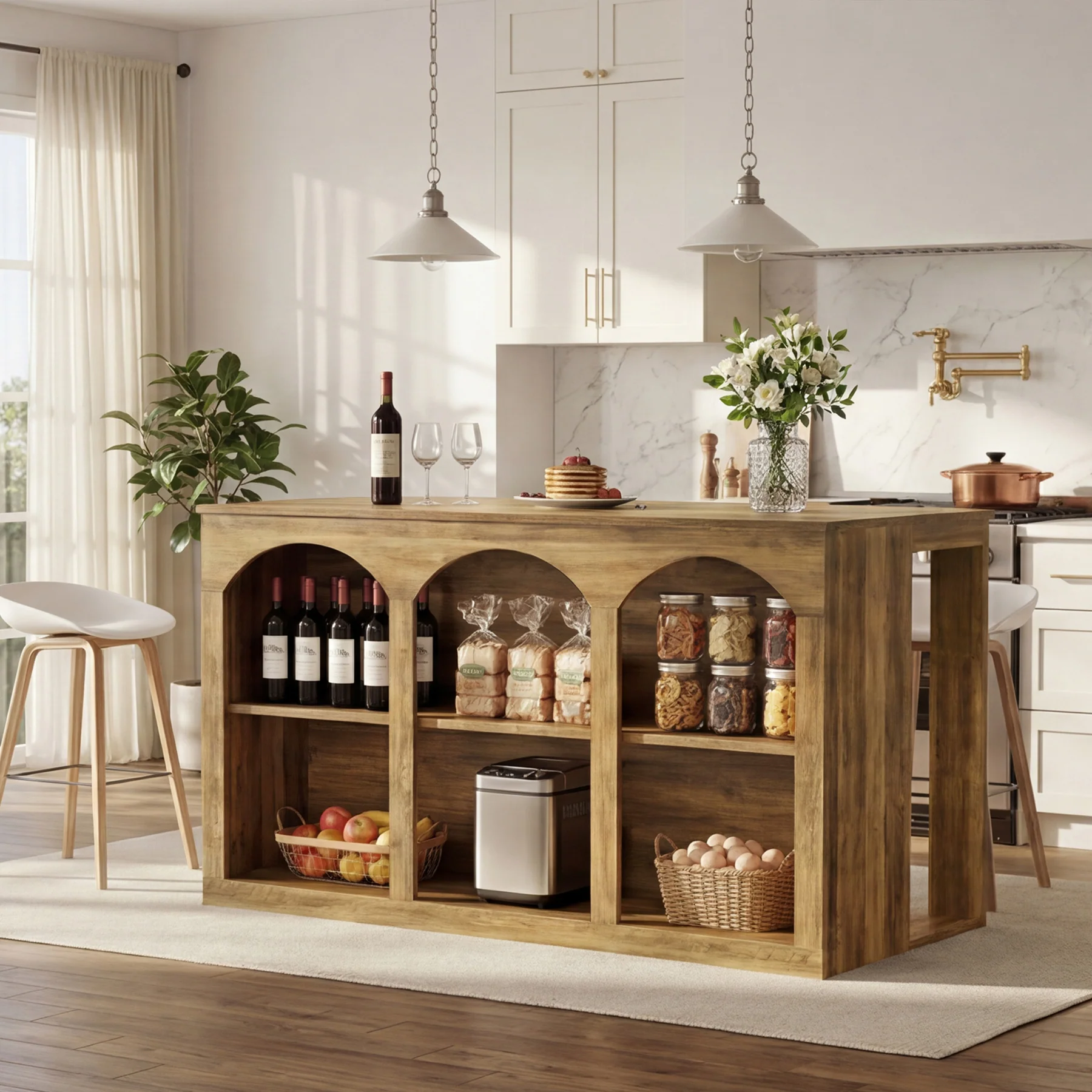 Wooden Kitchen Island, 55" Counter Height Coffee Bar Table with 2-Tier Shelves - Image 6