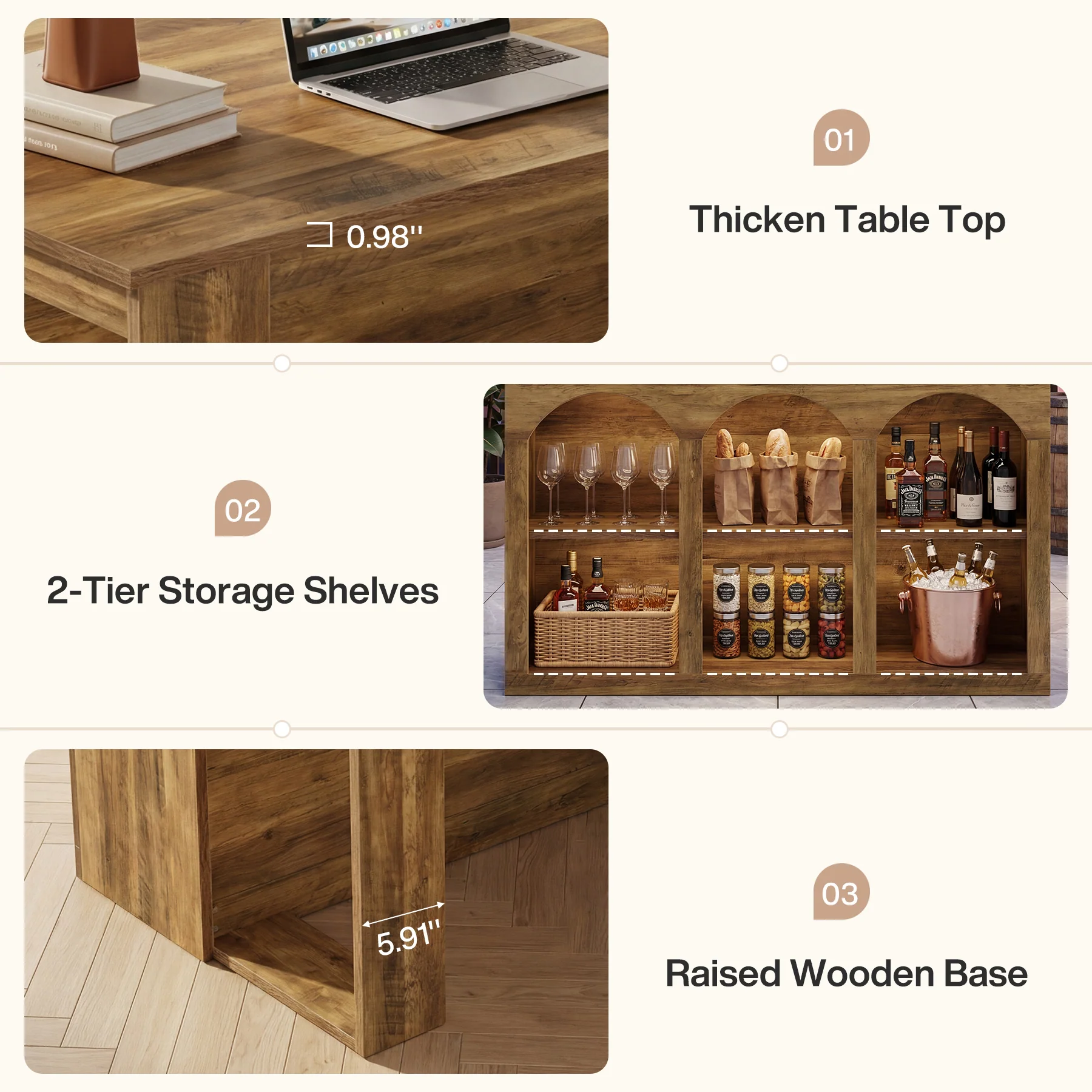 Wooden Kitchen Island, 55" Counter Height Coffee Bar Table with 2-Tier Shelves - Image 7