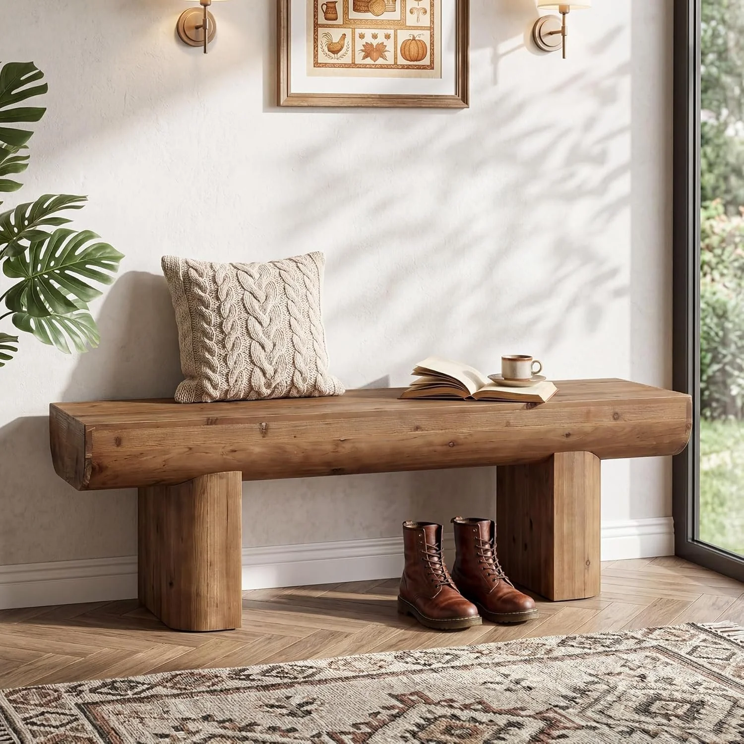 55" Solid Wood Entryway Bench, Farmhouse End of Bed Bench for Living Room