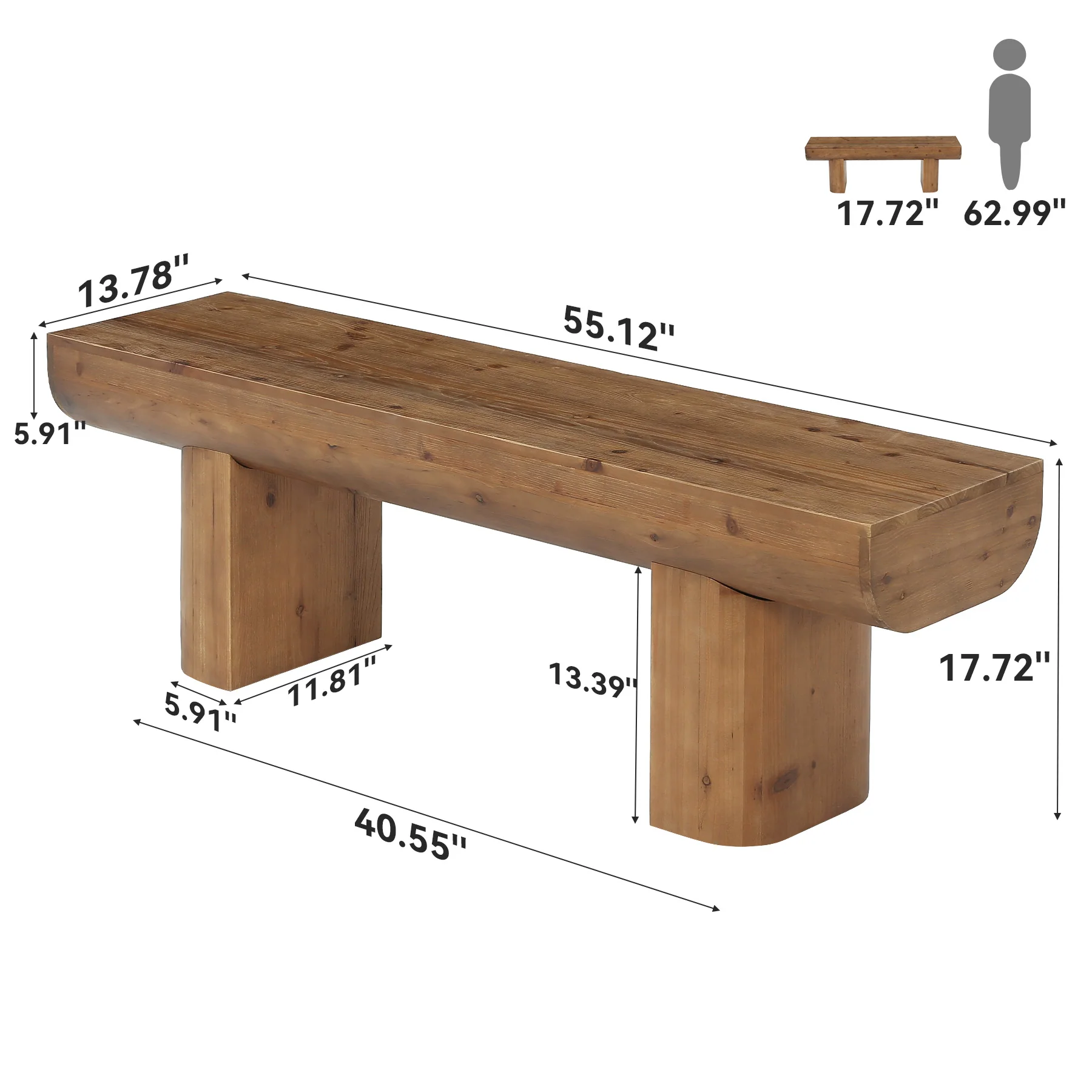 55" Solid Wood Entryway Bench, Farmhouse End of Bed Bench for Living Room - Image 2