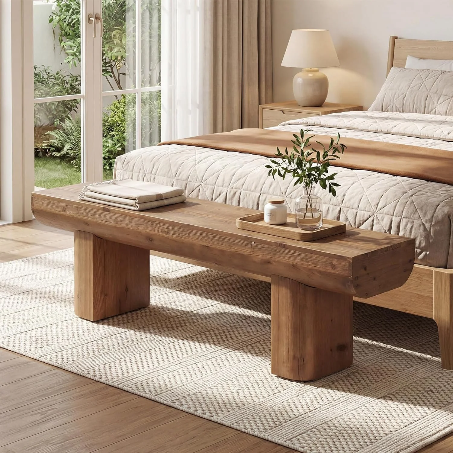 55" Solid Wood Entryway Bench, Farmhouse End of Bed Bench for Living Room - Image 3