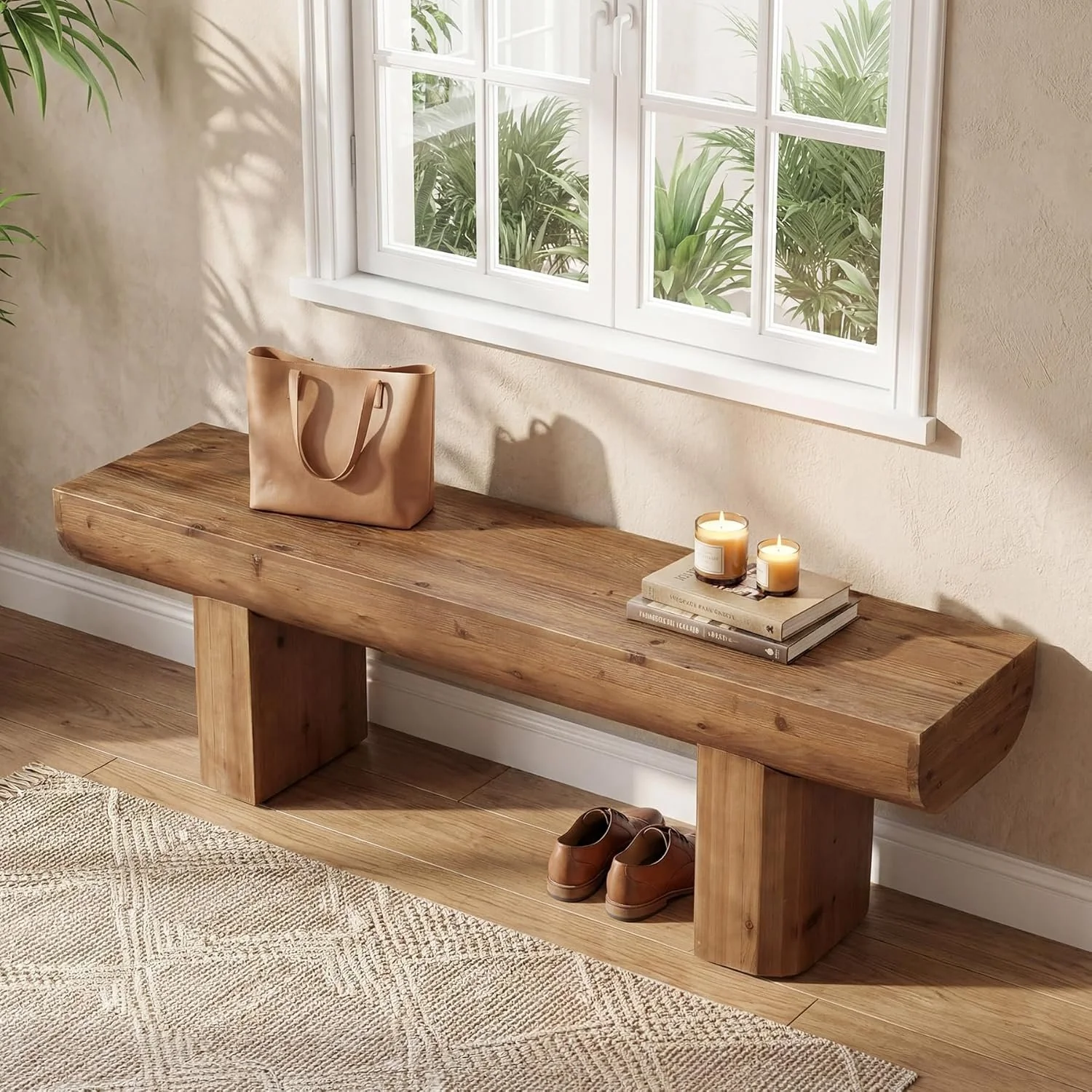 55" Solid Wood Entryway Bench, Farmhouse End of Bed Bench for Living Room - Image 6