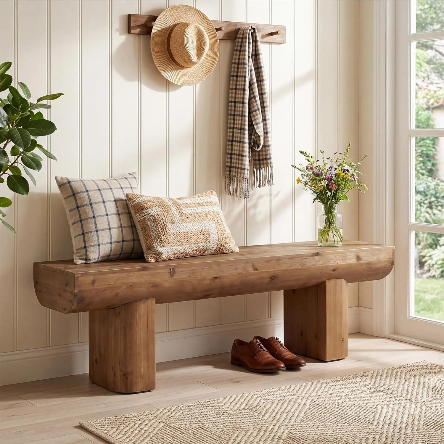 55" Solid Wood Entryway Bench, Farmhouse End of Bed Bench for Living Room - Image 8